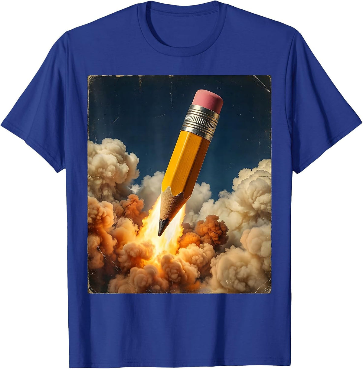 4th Grade Teacher Pencil Rocket Ship Blasting Clouds T-Shirt - Royal Blue
