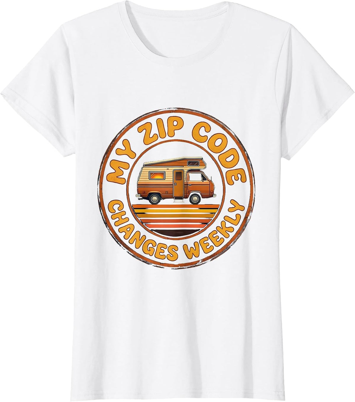 Women's My Zip Code Changes Weekly Retro Van Life Nomads Camper Van T-Shirt - White