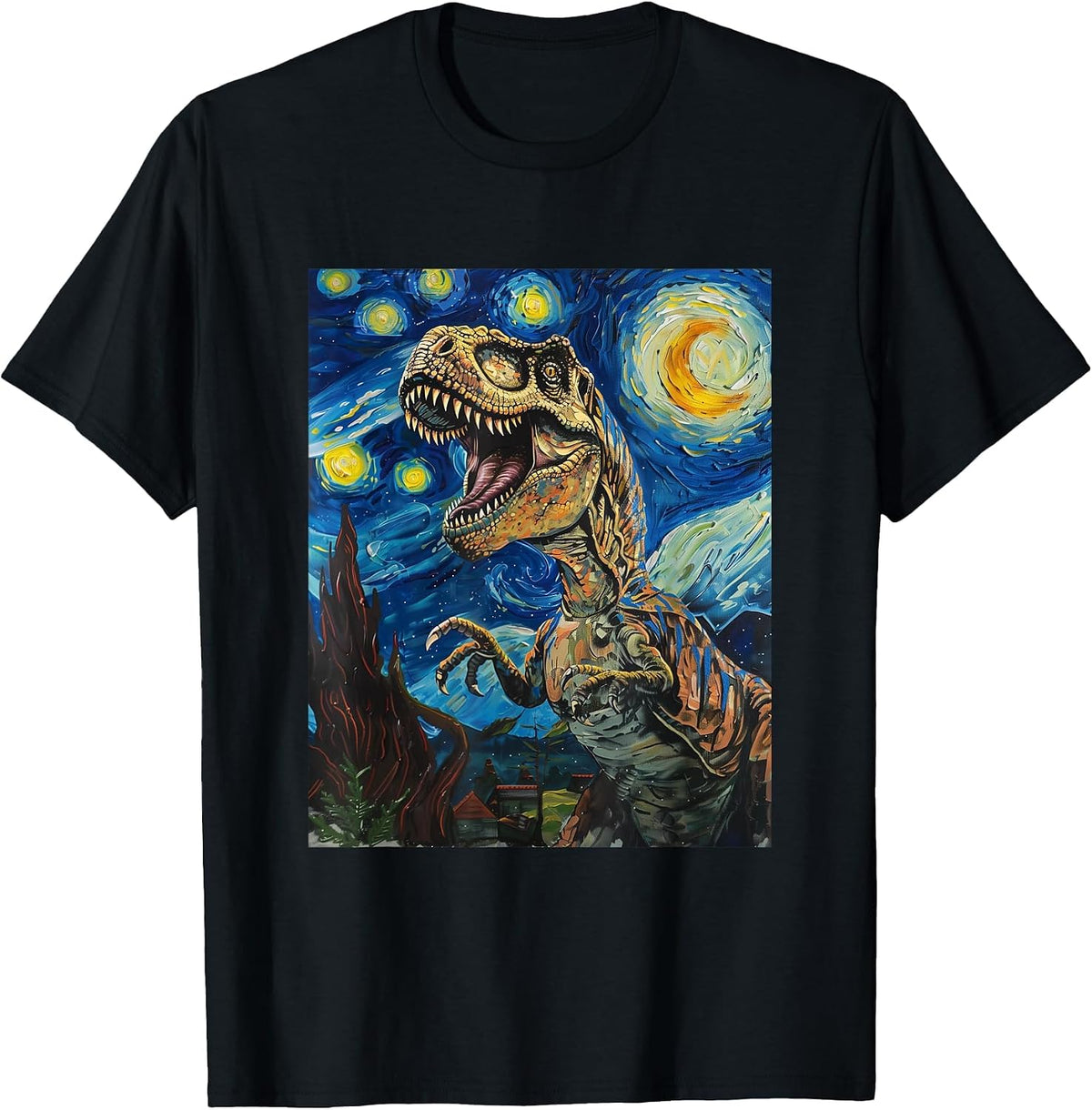 Trex Dinosaur Dino Van Gogh Style Starry Night Graphic T-Shirt - Black