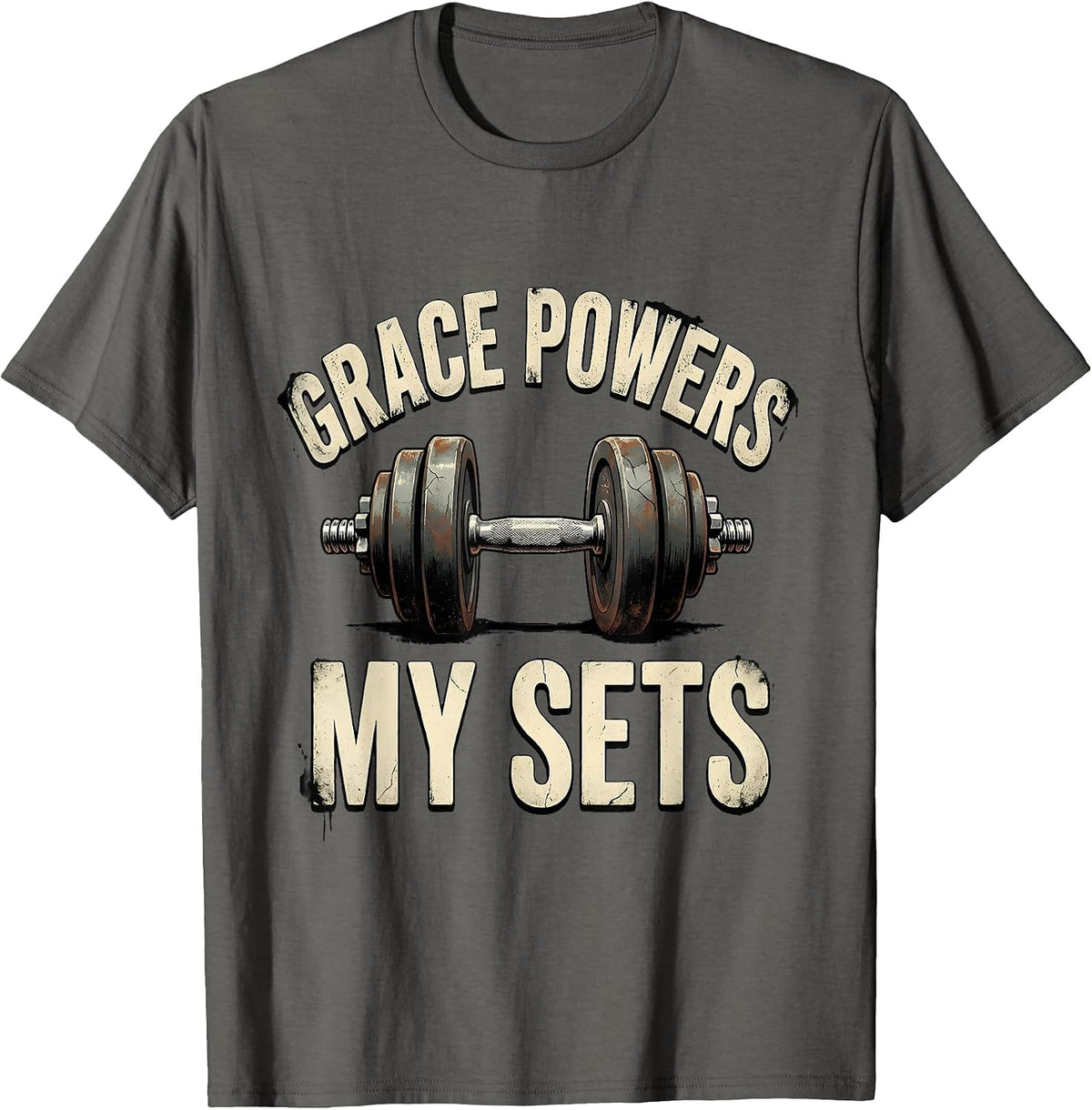 Grace Powers My Sets Distressed Christian Weightlifter Gym T-Shirt - Asphalt Grey