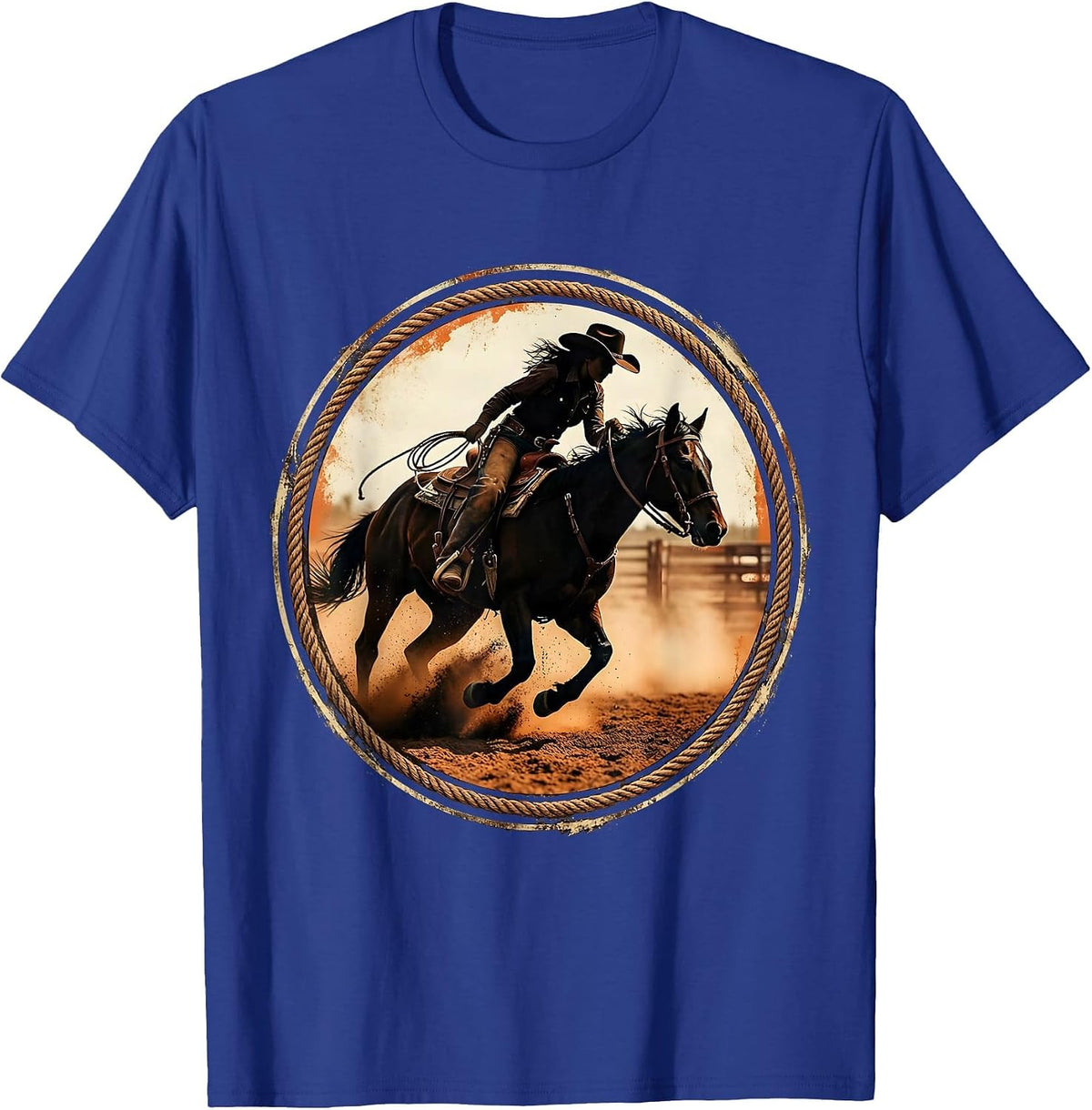 Rodeo Cowgirl Barrel Racing Illustration T-Shirt - Royal Blue