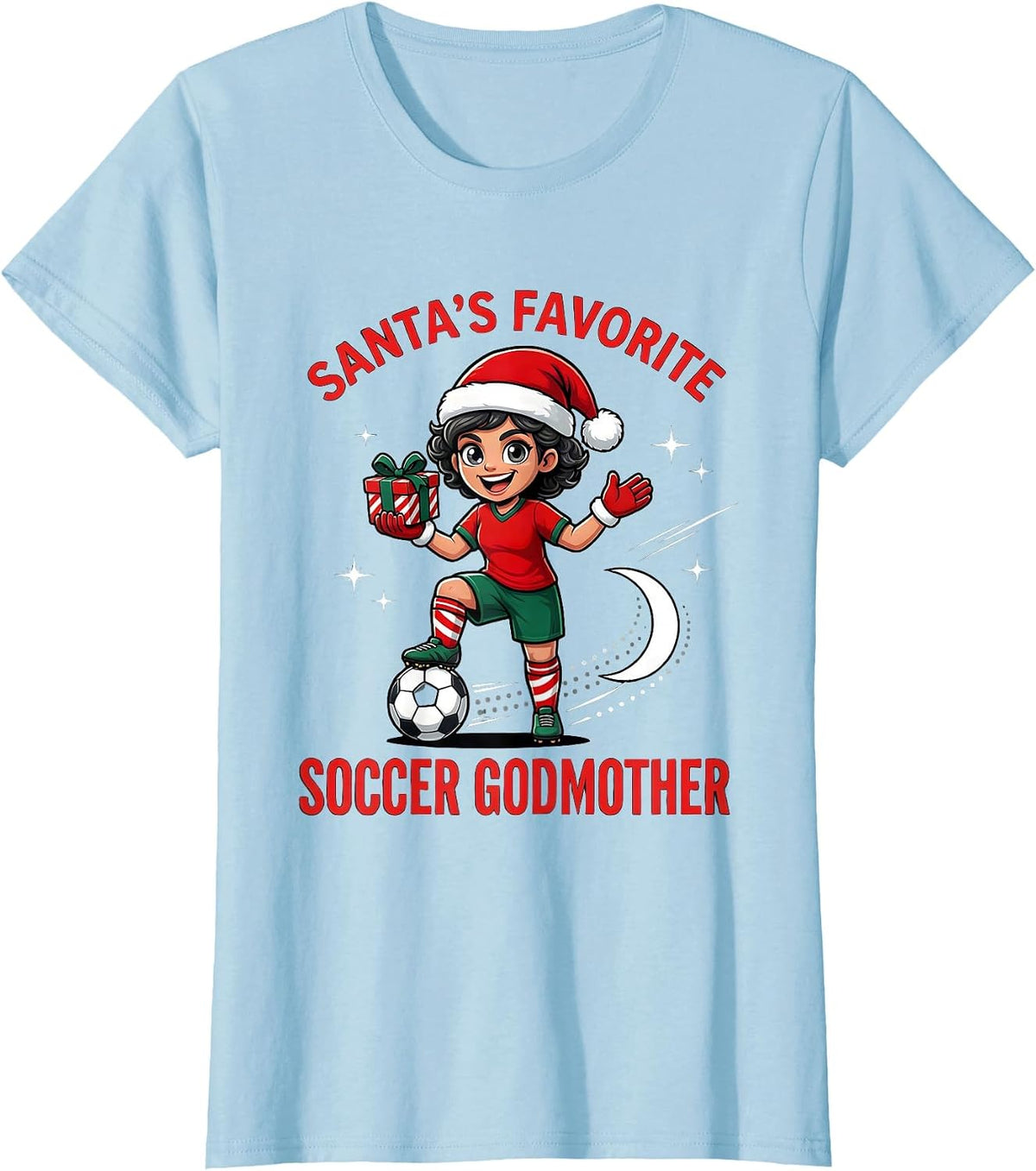 SANTA'S FAVORITE SOCCER GODMOTHER Funny Soccer Christmas T-Shirt - Baby Blue