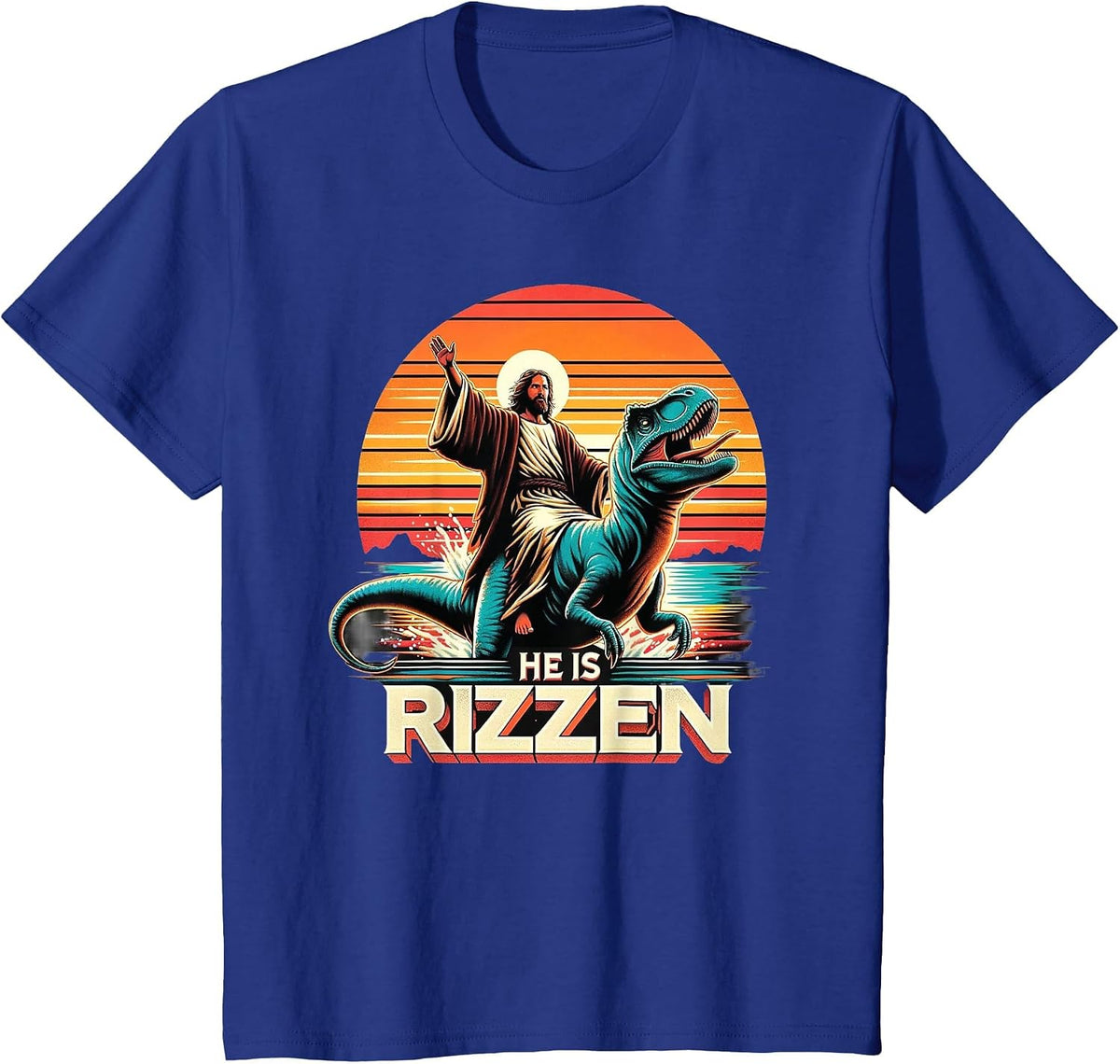 He is Rizzen Jesus Retro Christian Dinosaur T-Shirt - Royal Blue
