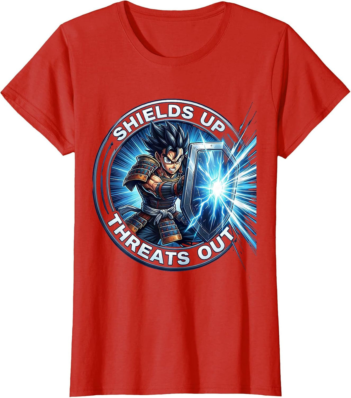 Shields Up Threats Out Cybersecurity Design T-Shirt - Red