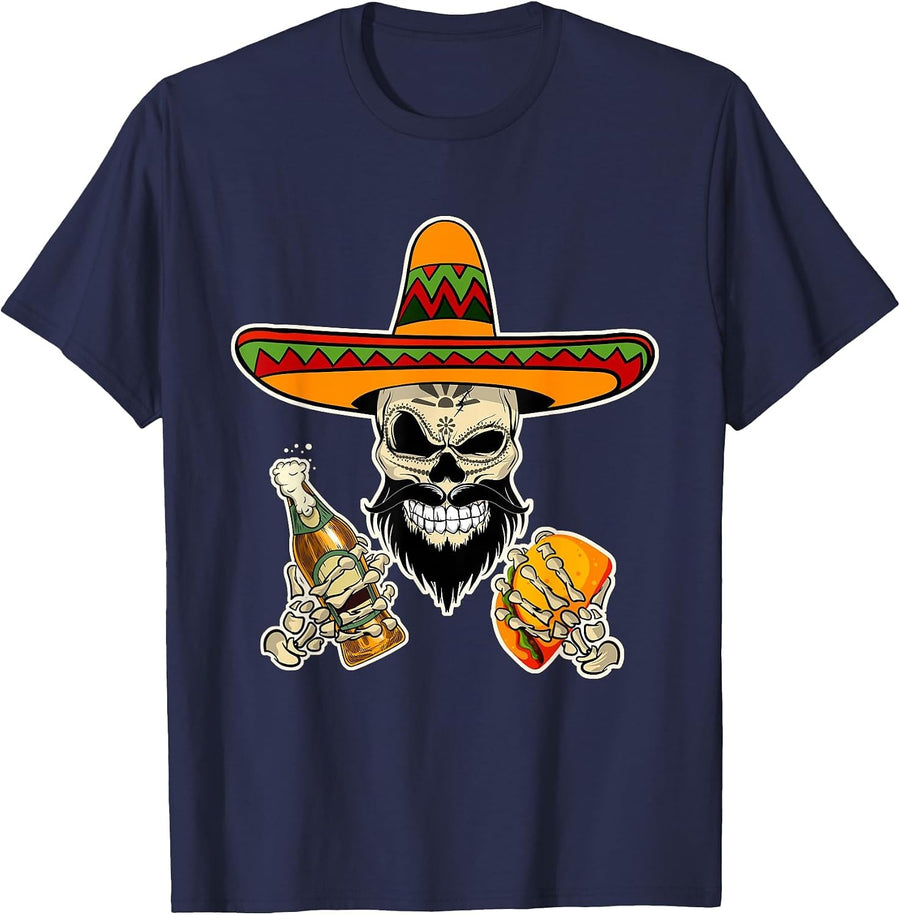 Mexican Sugar Skull with Tacos and Beer Funny T-Shirt T-Shirt - Navy Blue