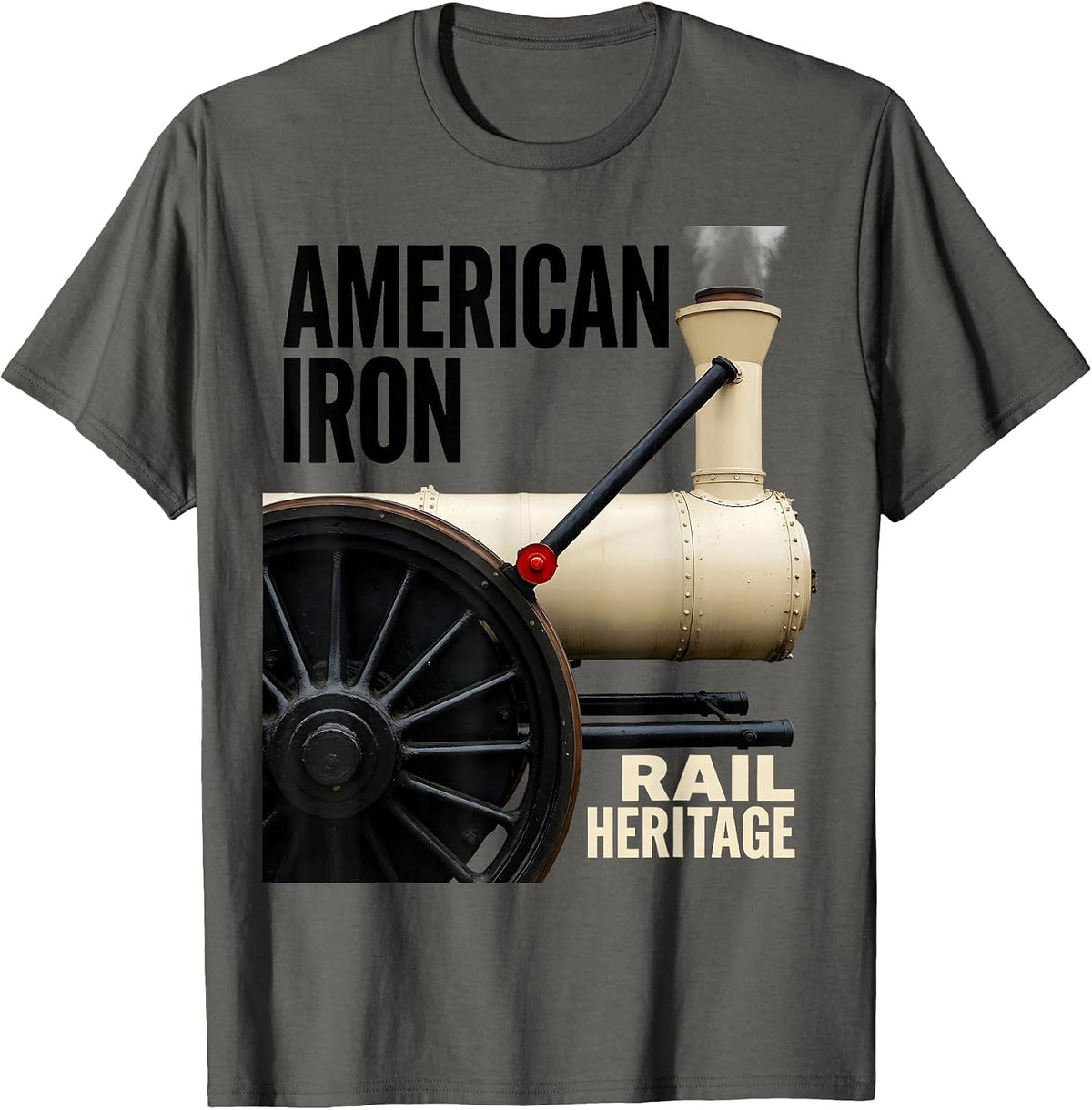 Men's American Iron Rail Heritage Retro Steam Locomotive Train T-Shirt - Asphalt Grey