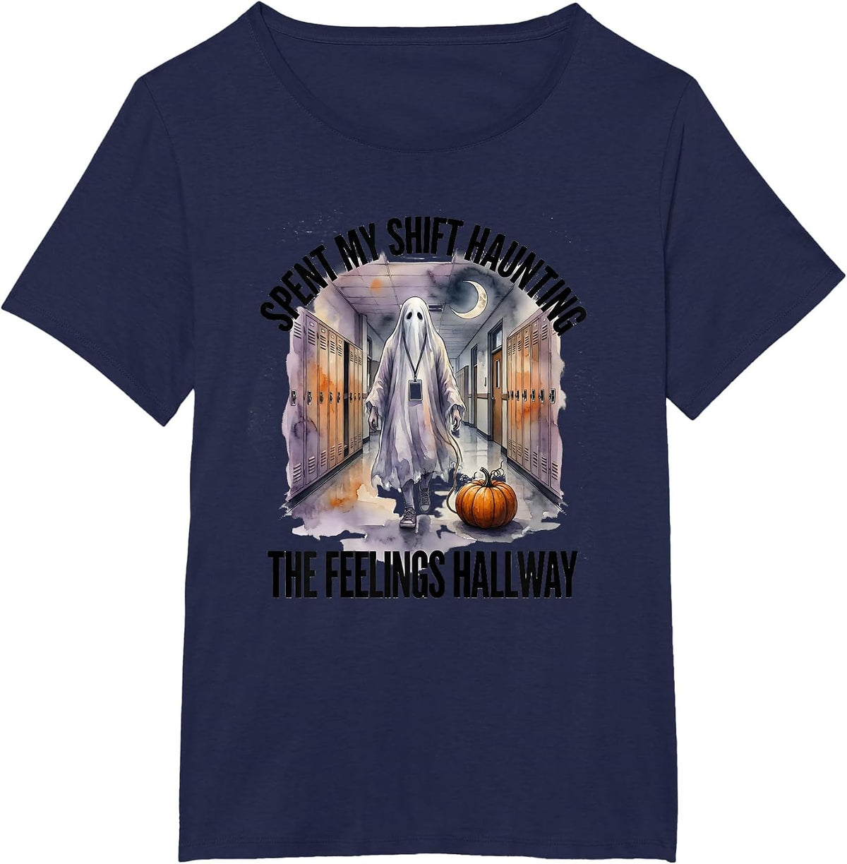 Women's Spent My Shift Haunting The Feelings Hallway Halloween T-Shirt - Navy Blue