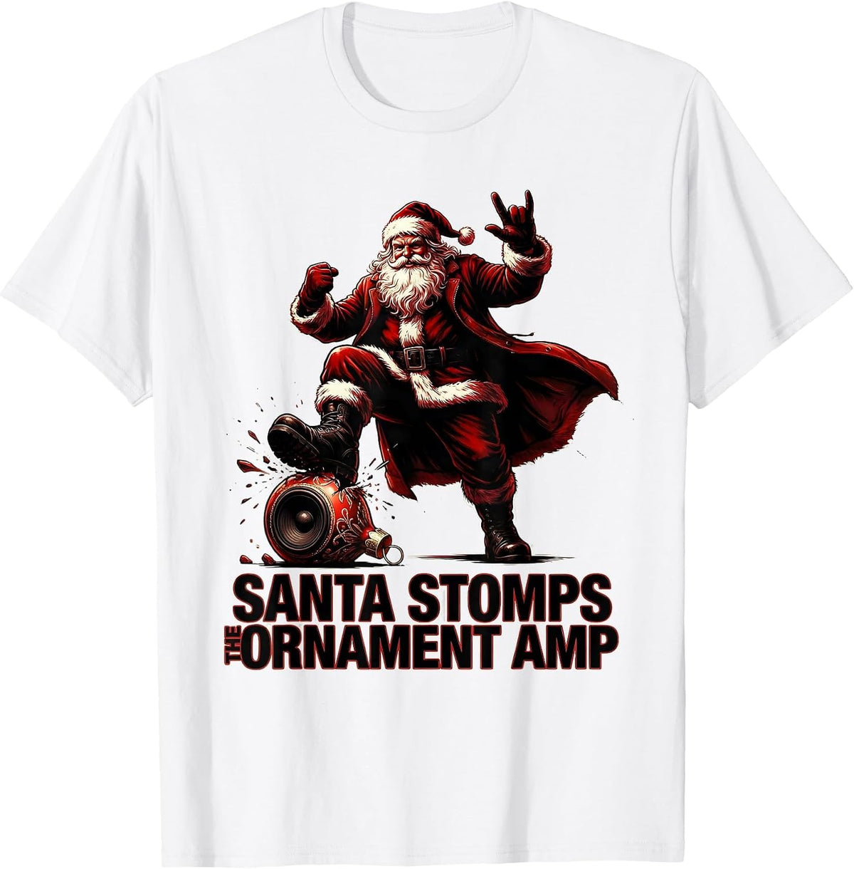 Men's Santa Stomps The Ornament Amp Funny Heavy Metal Rock T-Shirt - White