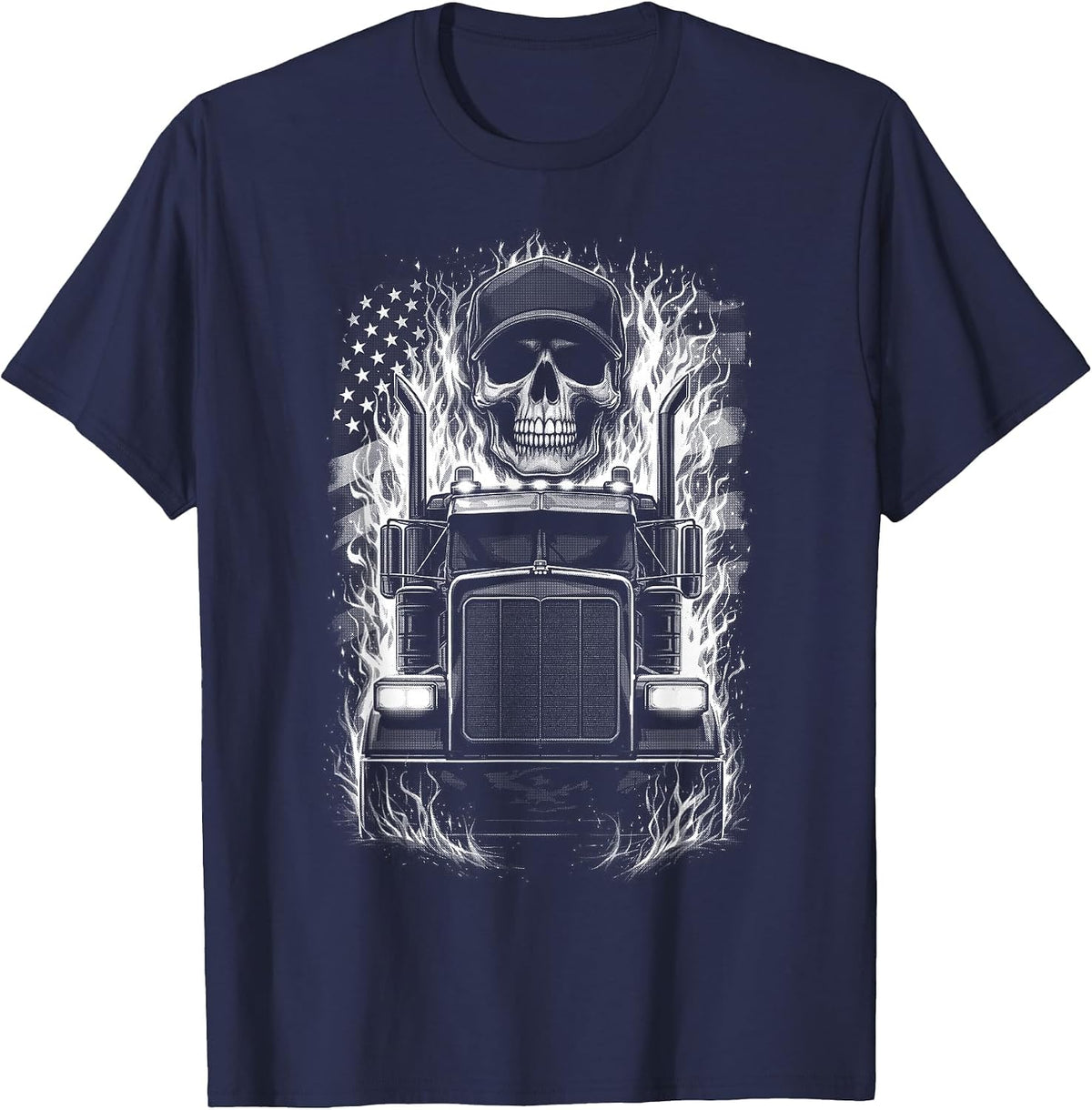 Trucker Patriotic American Flag Semi Truck Driver Skull T-Shirt - Navy Blue