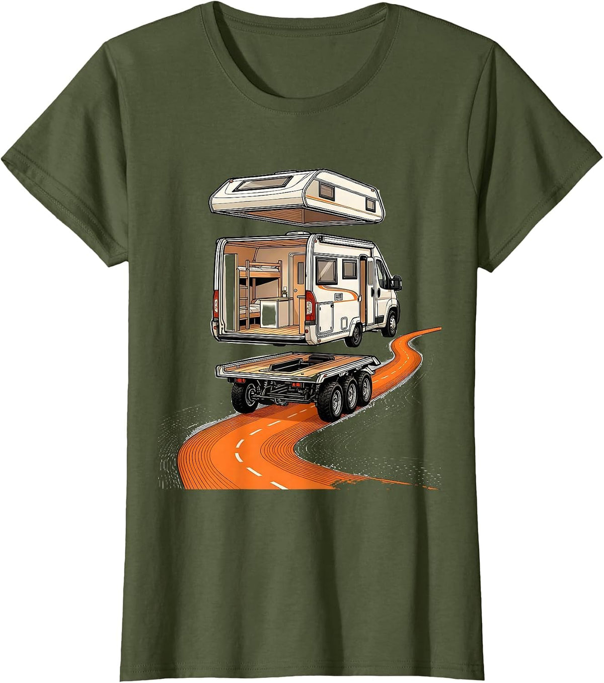 Women's Camper Van Exploded View Retro Van Life Nomads T-Shirt - Olive Green