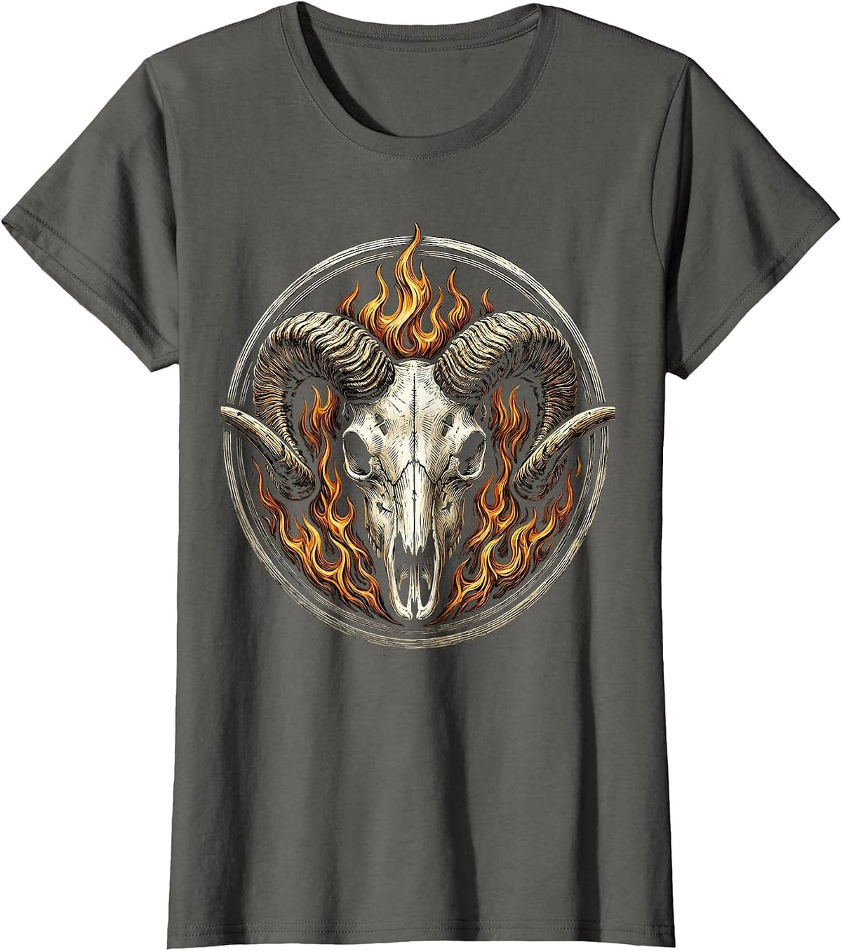 Women's Horned Skull Dark Flames Horror Graphic Design T-Shirt - Asphalt Grey