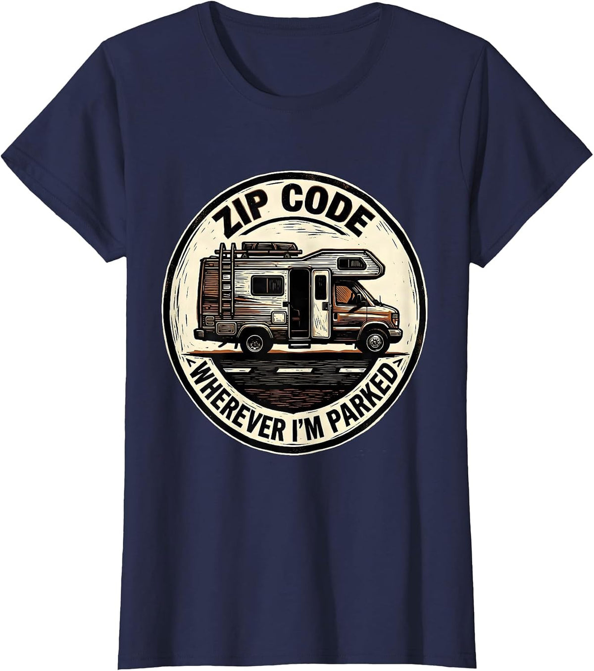 Women's Zip Code: Wherever I'm Parked Vintage Van Life Camper Van T-Shirt - Navy Blue