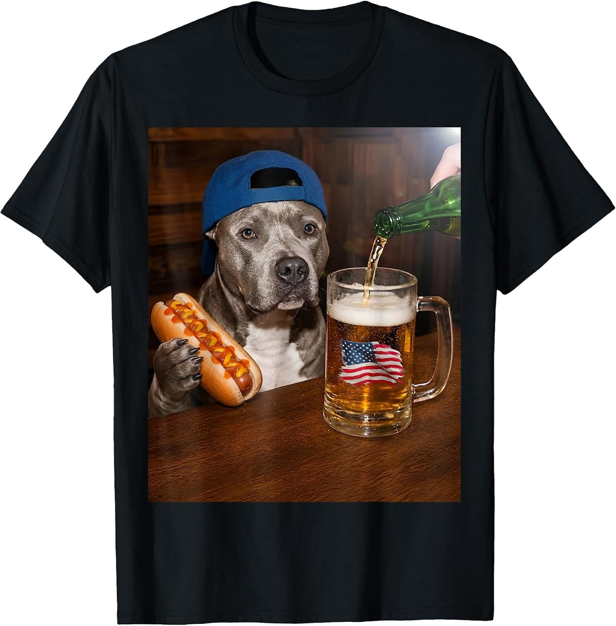 Funny Pitbull Meme Drinking Beer Hotdog USA Flag Pittie Moms T-Shirt - Black