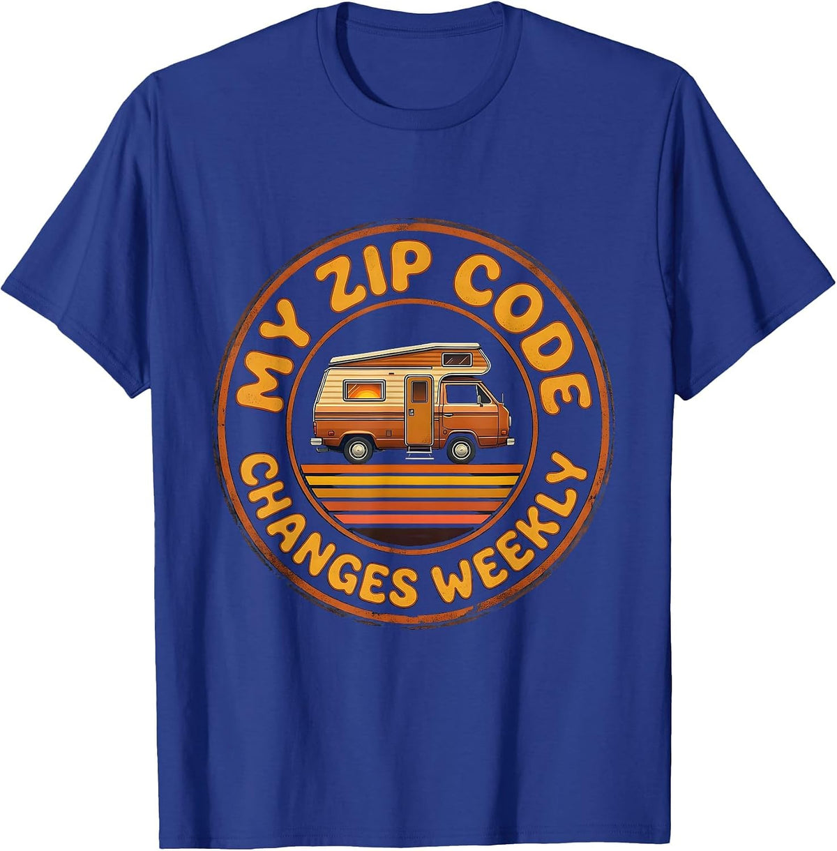 Men's My Zip Code Changes Weekly Retro Van Life Nomads Camper Van T-Shirt - Royal Blue