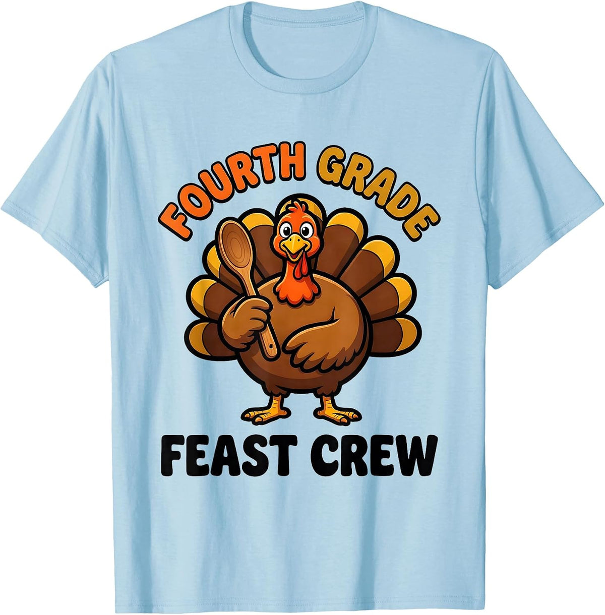 Men's Fourth Grade Feast Crew Cartoon Teacher Thanksgiving Crew T-Shirt - Baby Blue