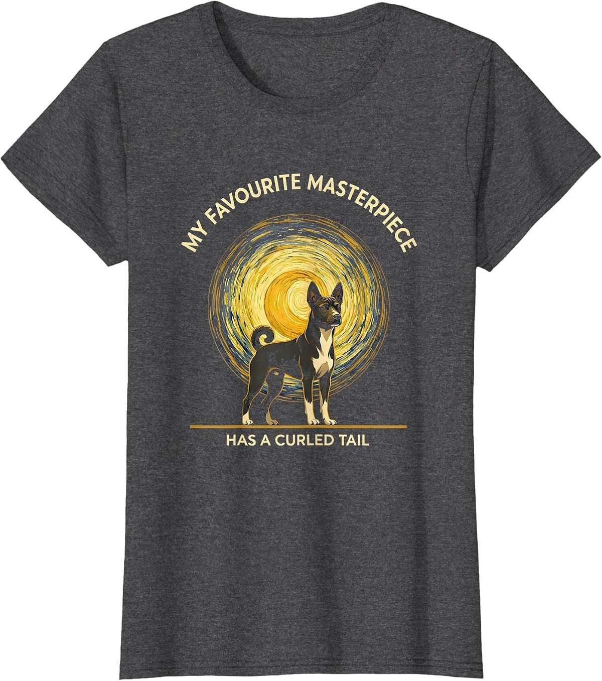 Women's My Favourite Masterpiece Has A Curled Tail Basenji Portrait T-Shirt - Dark Heather Grey