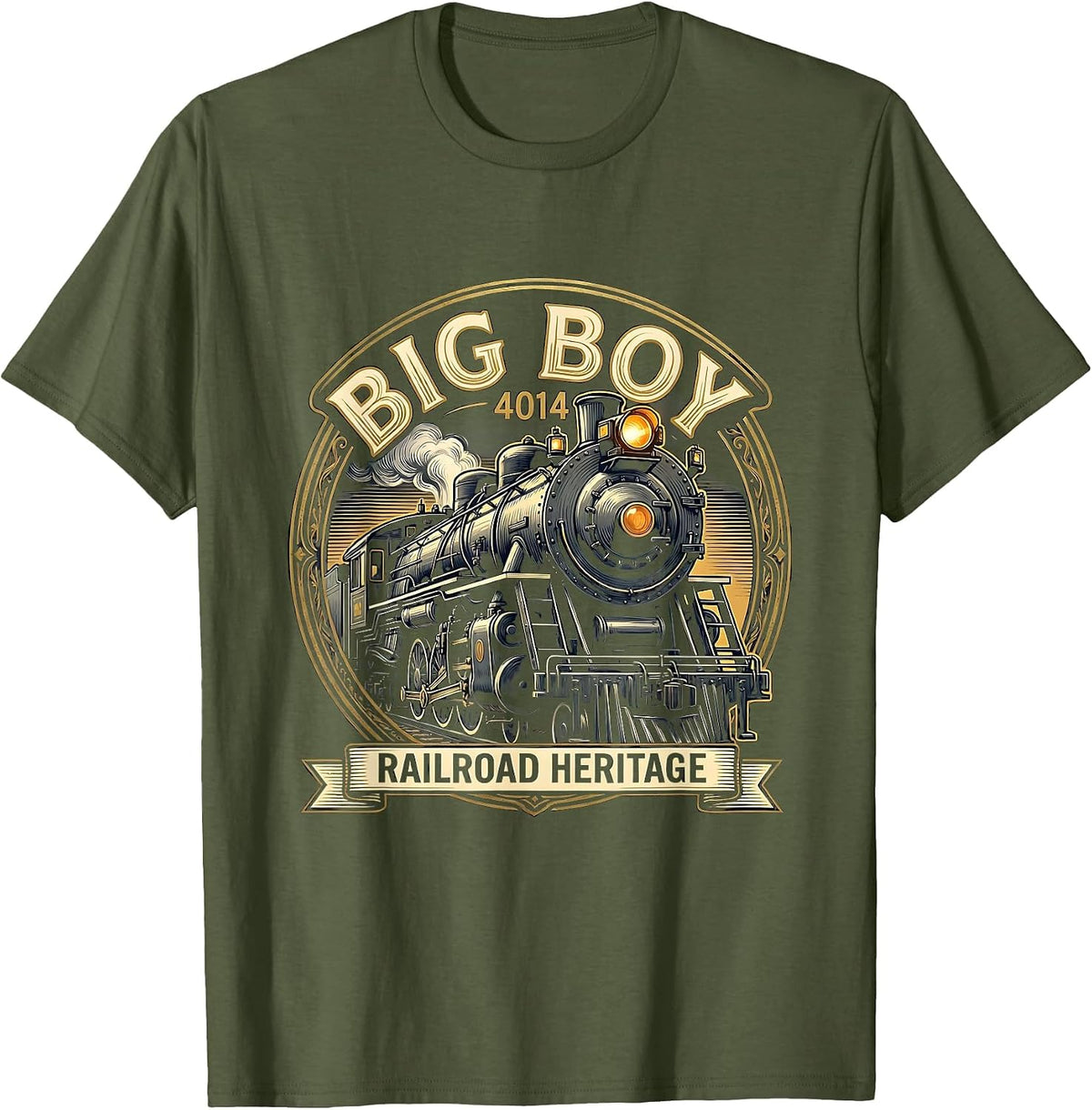 Men's Big Boy 4014 Steam Locomotive Vintage Railroad Enthusiast T-Shirt - Olive Green