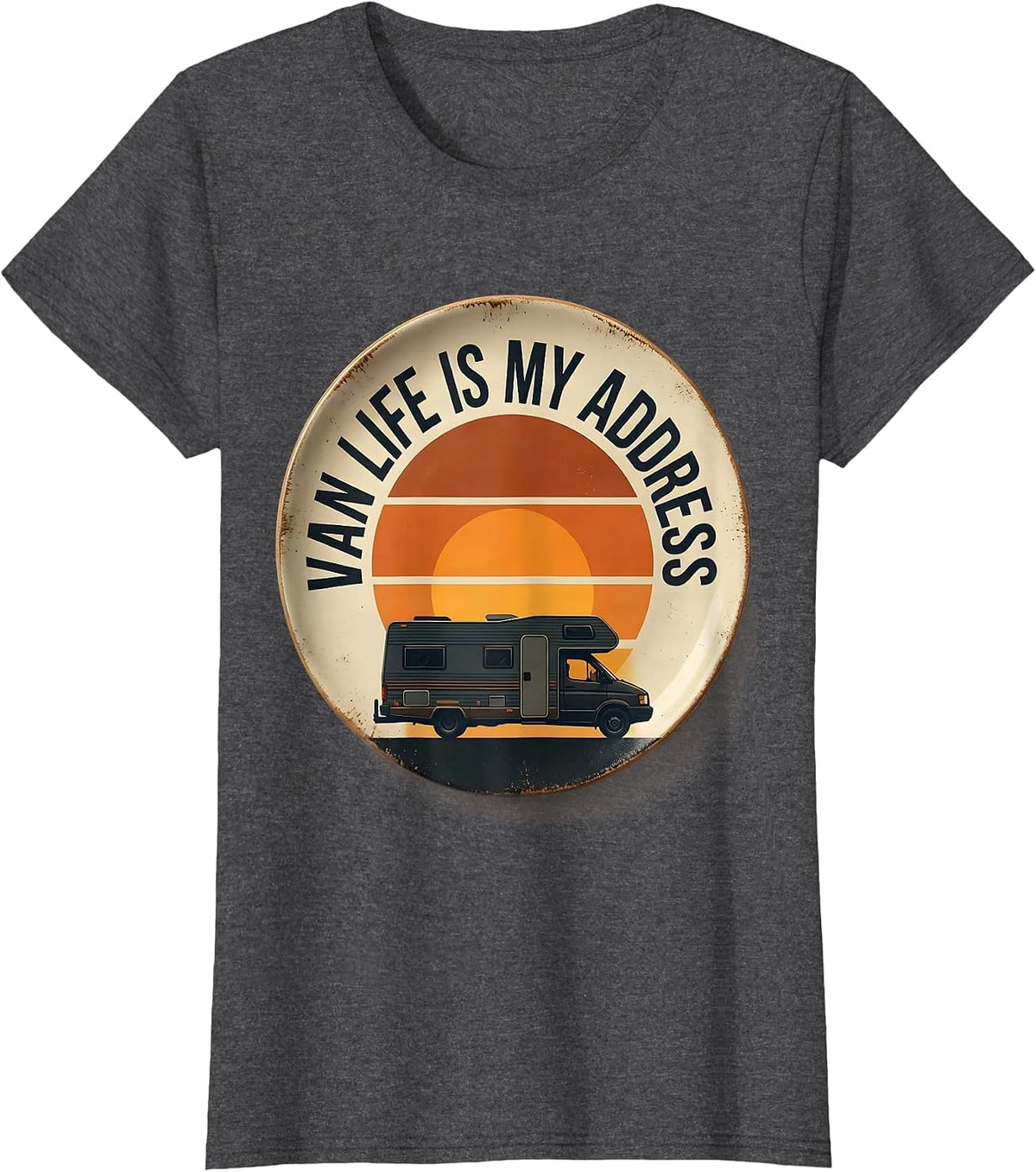 Women's Van Life Is My Address Retro Van Dweller Nomad Travel Pride T-Shirt - Dark Heather Grey