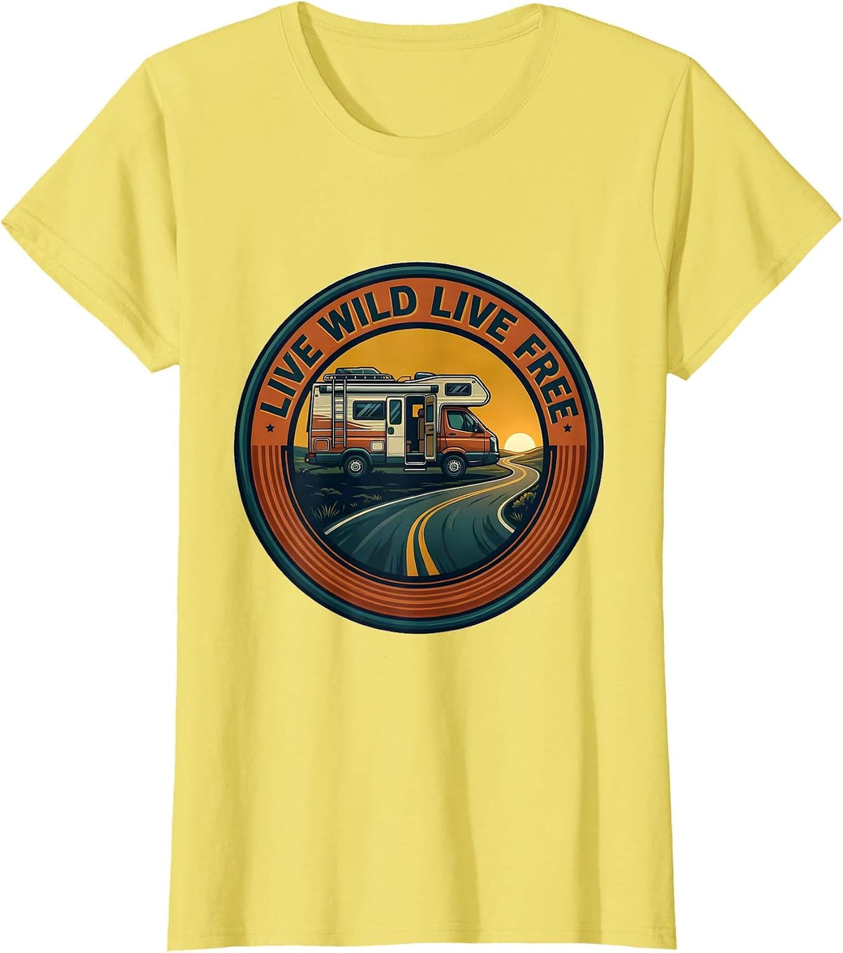 Women's Live Wild Live Free Vintage Van Life Nomad Road Trip Emblem T-Shirt - Lemon Yellow