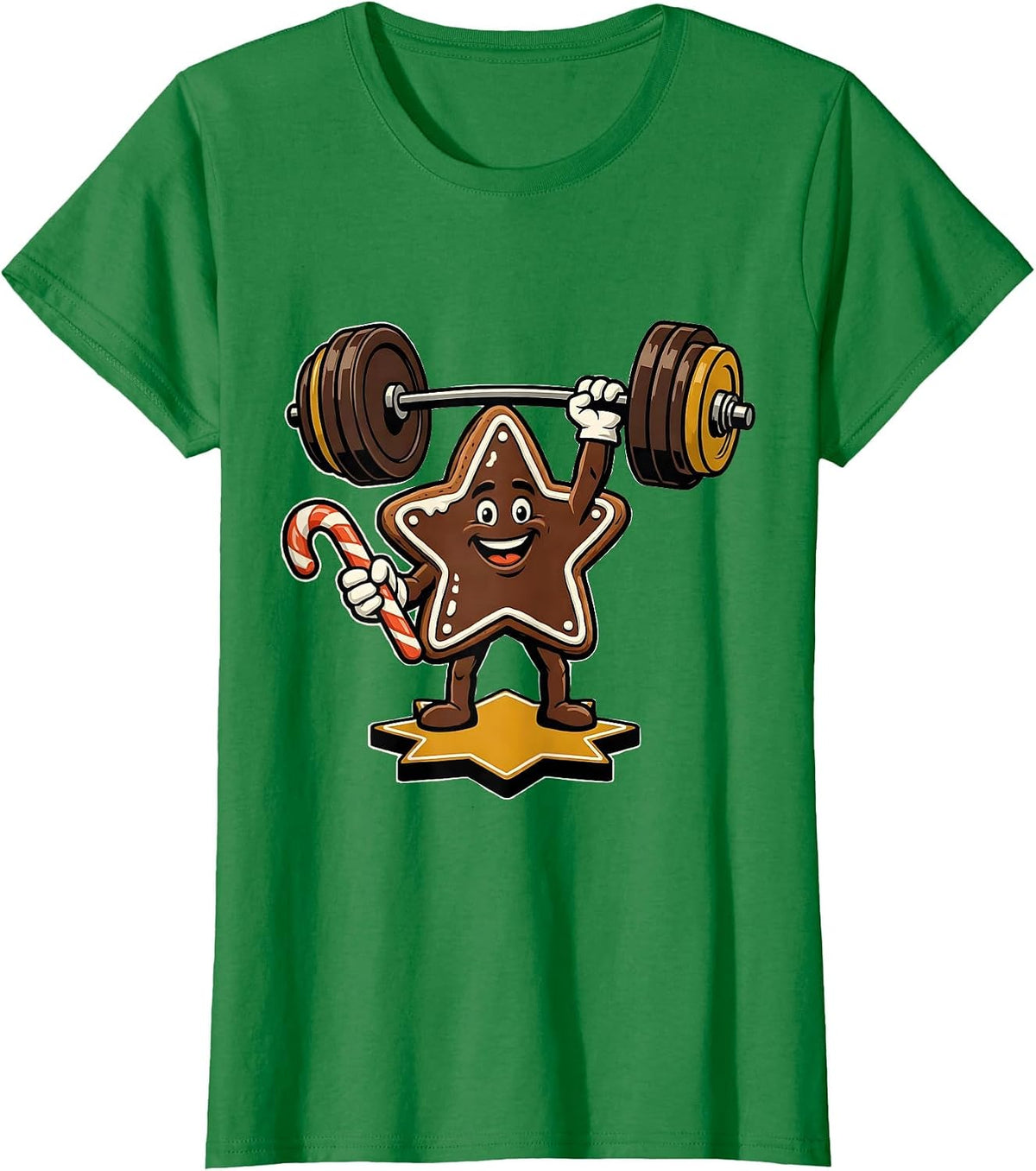 Women's Iced Star-Cookie Grinning Gym Mascot Retro Christmas T-Shirt - Kelly Green