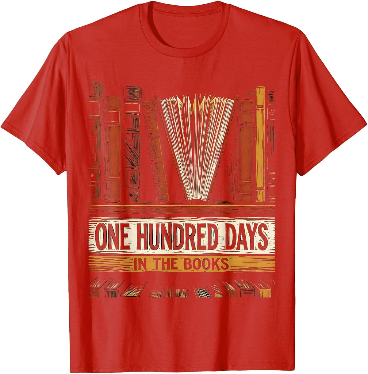Men's One Hundred Days In The Books Linocut Reading Teacher 100th T-Shirt - Red