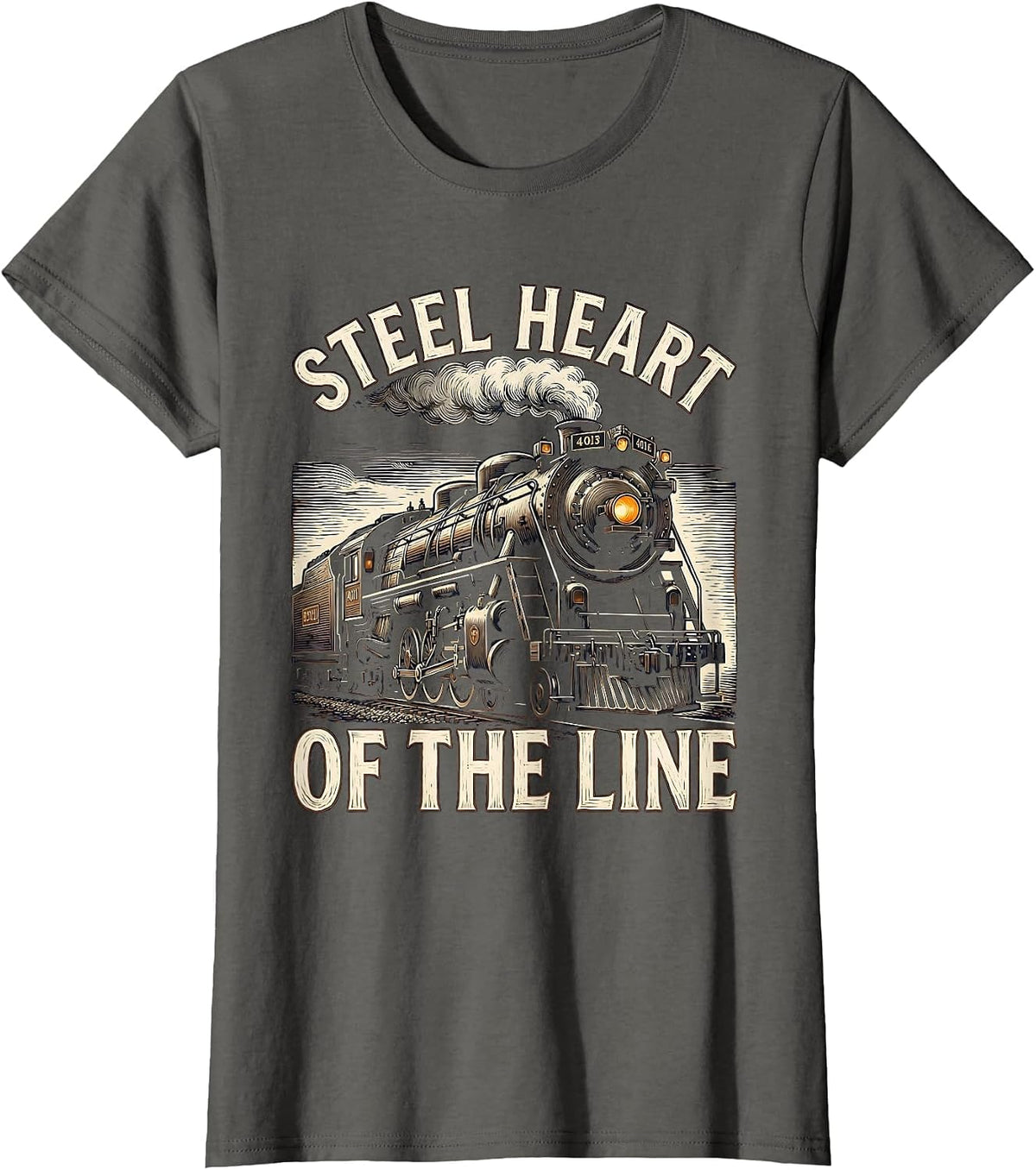 Women's Steel Heart Of The Line Vintage Steam Locomotive Railroad T-Shirt - Asphalt Grey
