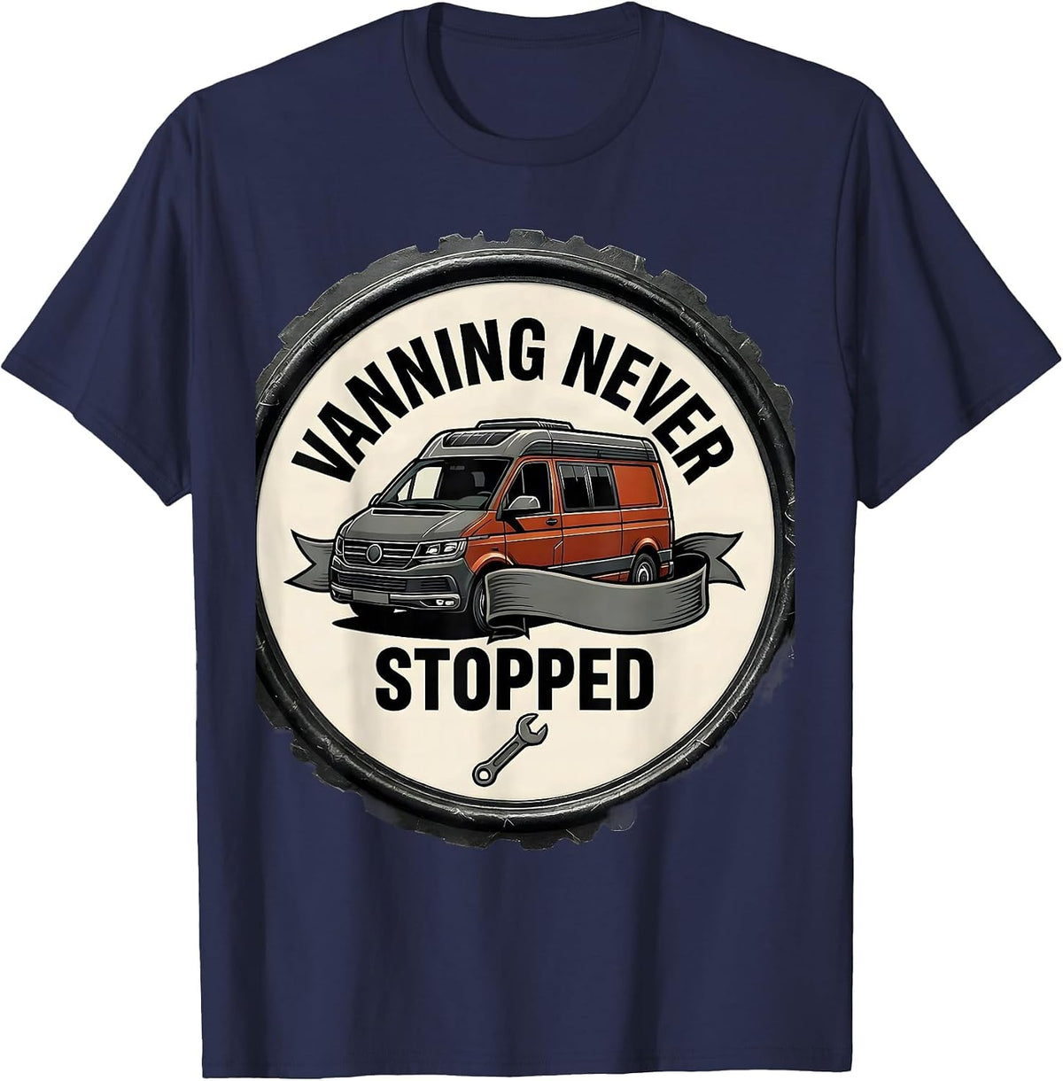 Men's Vanning Never Stopped Tattoo Van Life Retro Van Enthusiast T-Shirt - Navy Blue