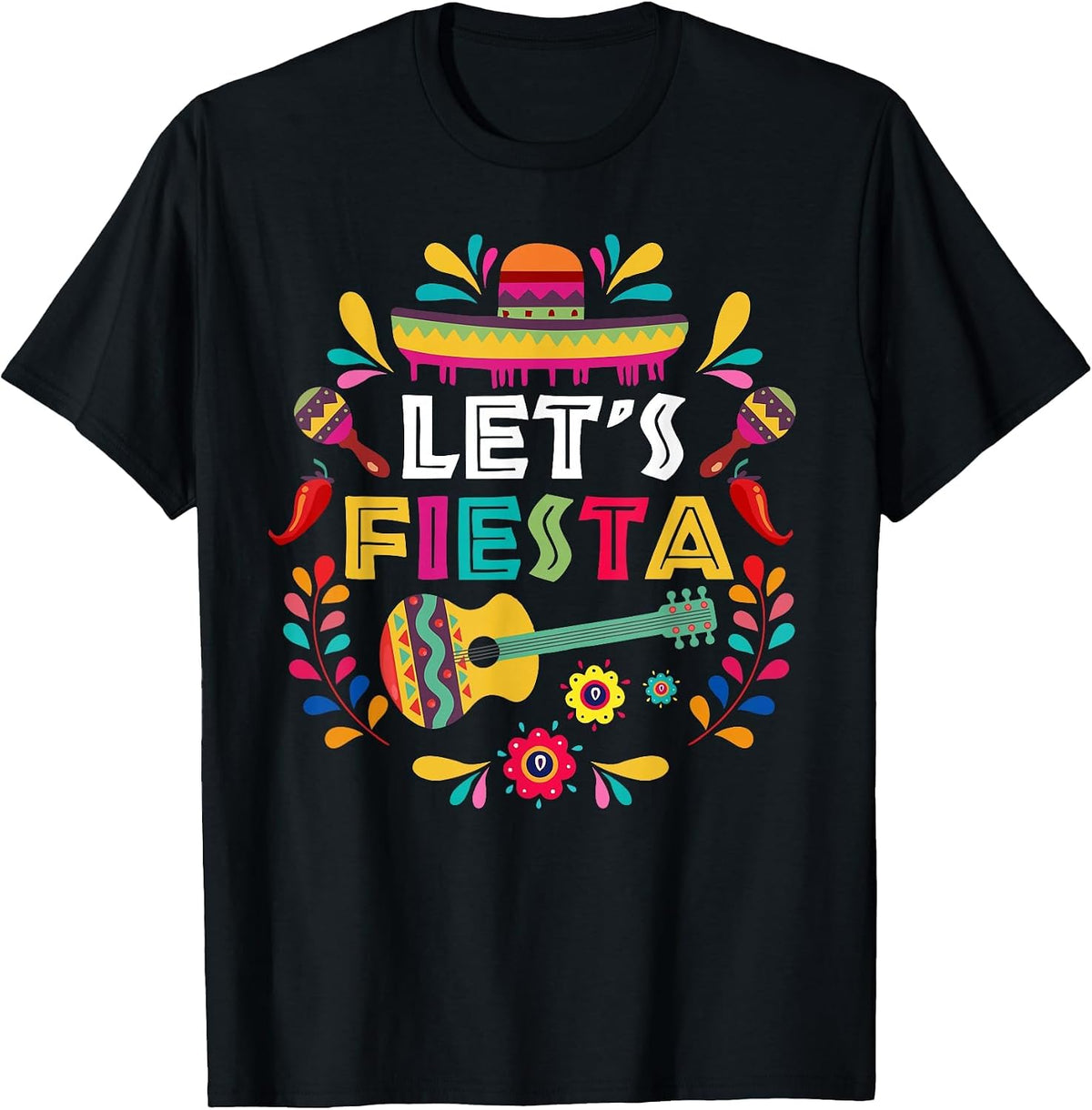 Lets Mexican Fiesta Cinco De Mayo Party Colourful Guitar Fun T-Shirt - Black