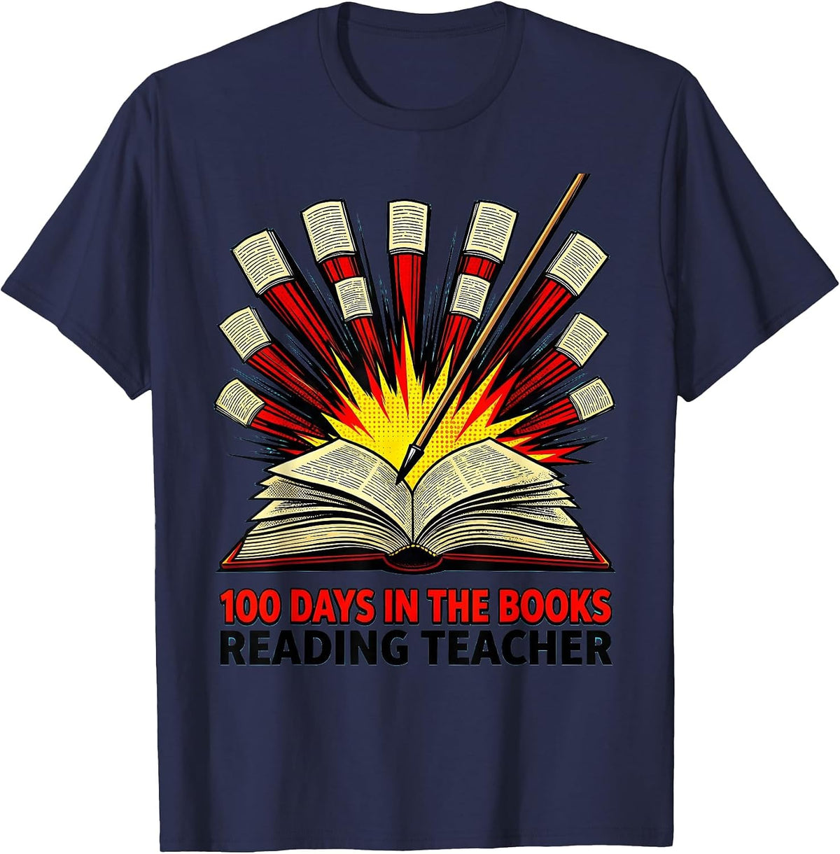Men's 100 Days In The Books Reading Teacher Pop Art 100th Day T-Shirt - Navy Blue
