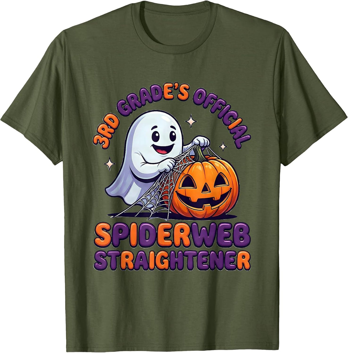 3rd Grade's Official Spiderweb Straightener Spooky Teacher T-Shirt - Olive Green