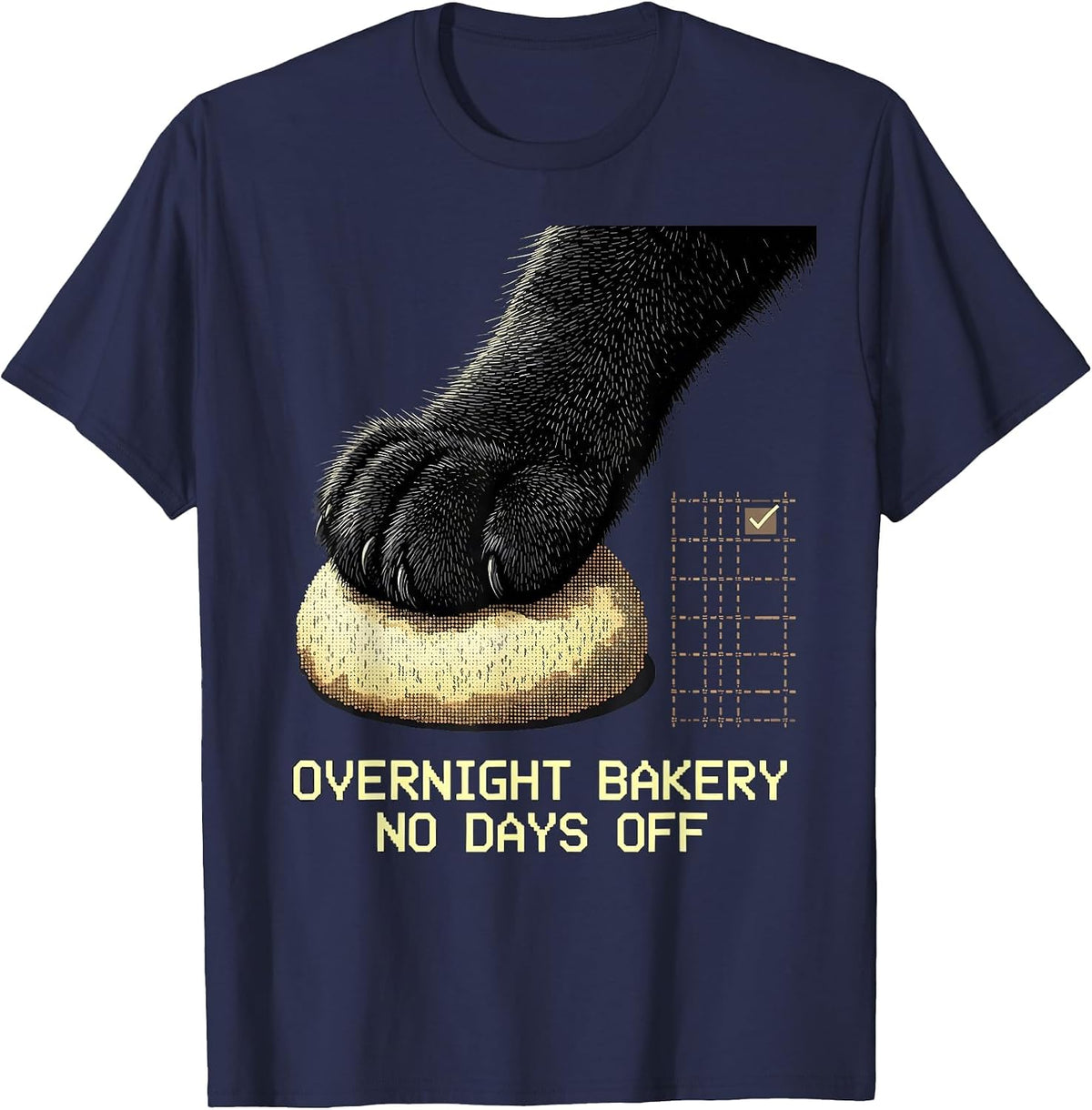Overnight Bakery No Days Off Funny Black Cat Baking Humor T-Shirt - Navy Blue