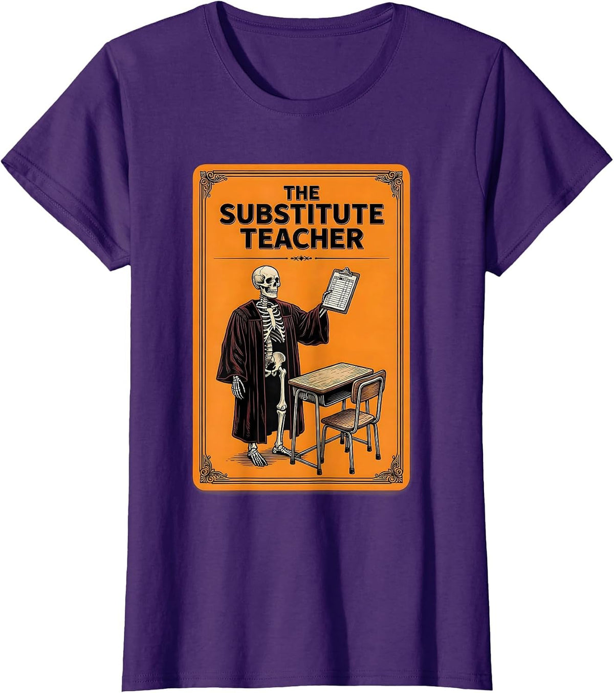 Women's The Substitute Teacher Tarot Card Halloween Skeleton Gothic T-Shirt - Purple