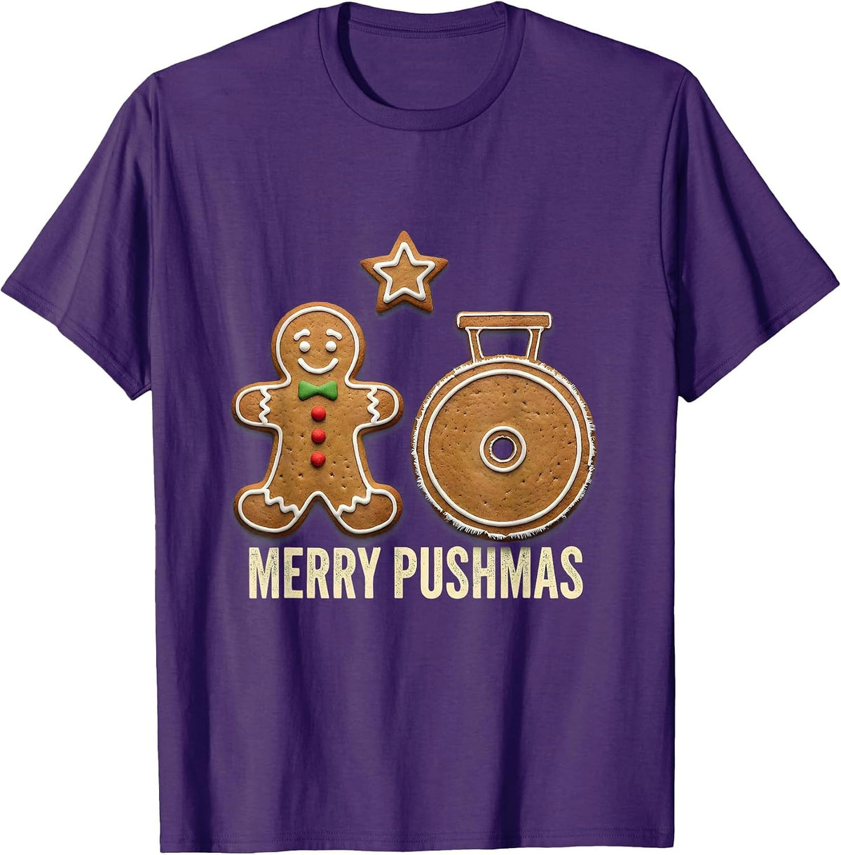 Merry Pushmas Rubber Stamp Gingerbread Cookie Weightlifting T-Shirt - Purple