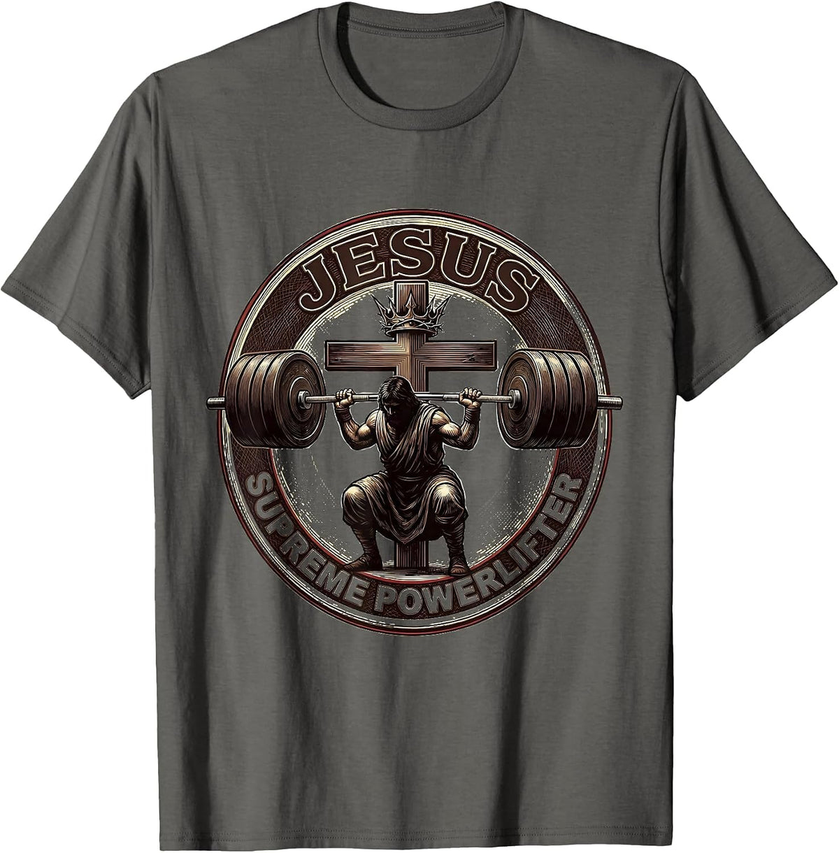 Jesus The Supreme Powerlifter Funny Christian Gym T-Shirt - Asphalt Grey