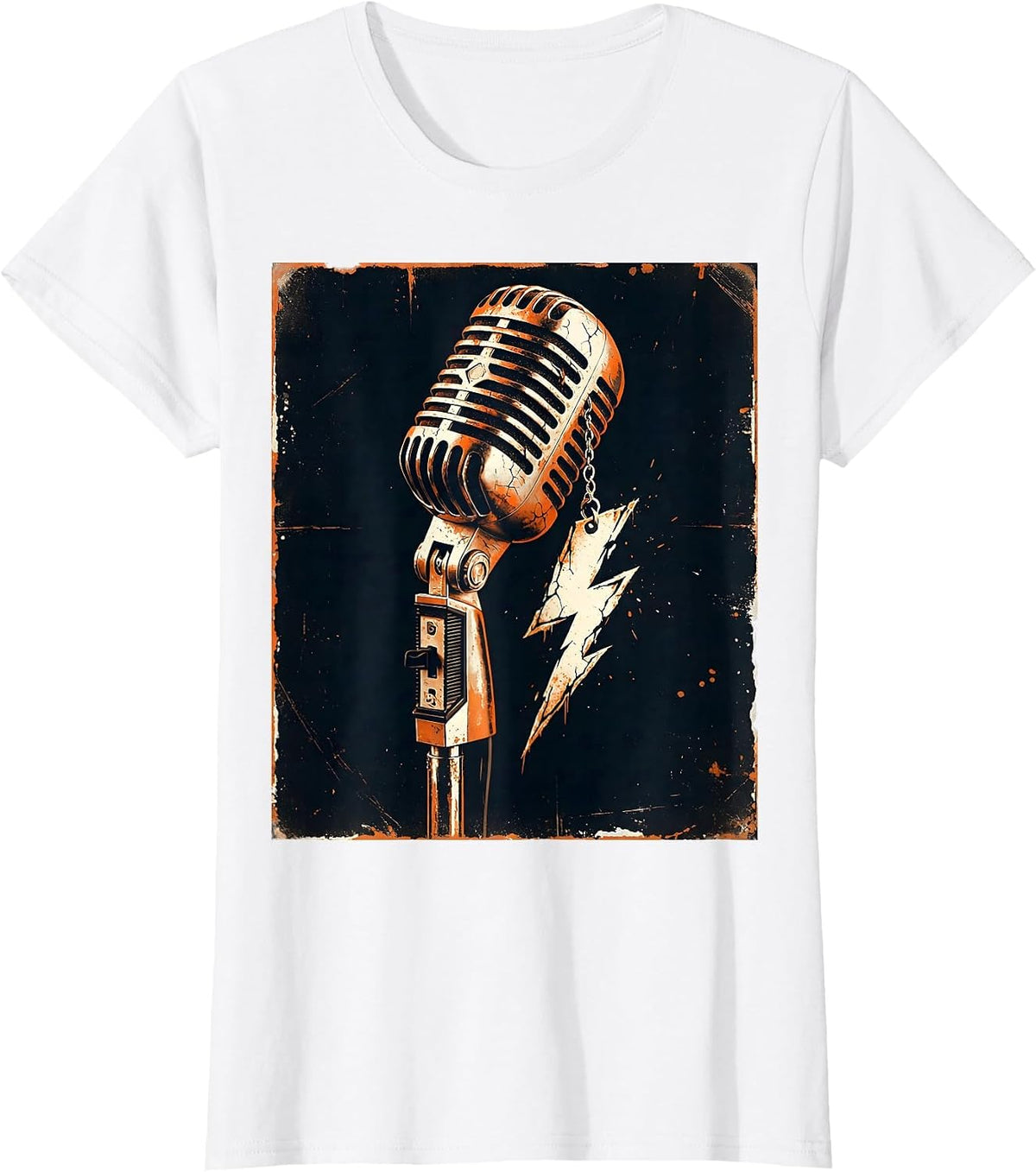 Lightning Bolt Earring Microphone Stand Band Tee T-Shirt - White