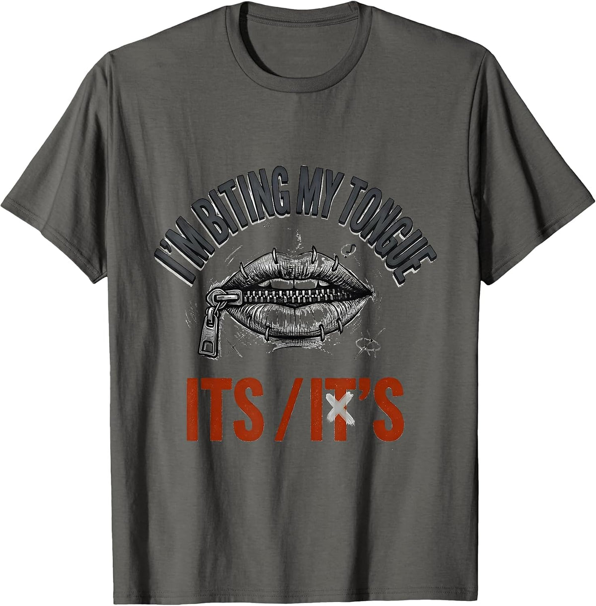 Men's I'm Biting My Tongue Its/It's Funny Grammar Teacher Humor T-Shirt - Asphalt Grey