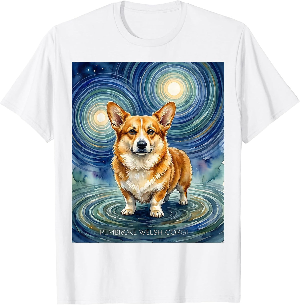 Men's Pembroke Welsh Corgi Watercolor Van Gogh Starry Night Dog T-Shirt - White