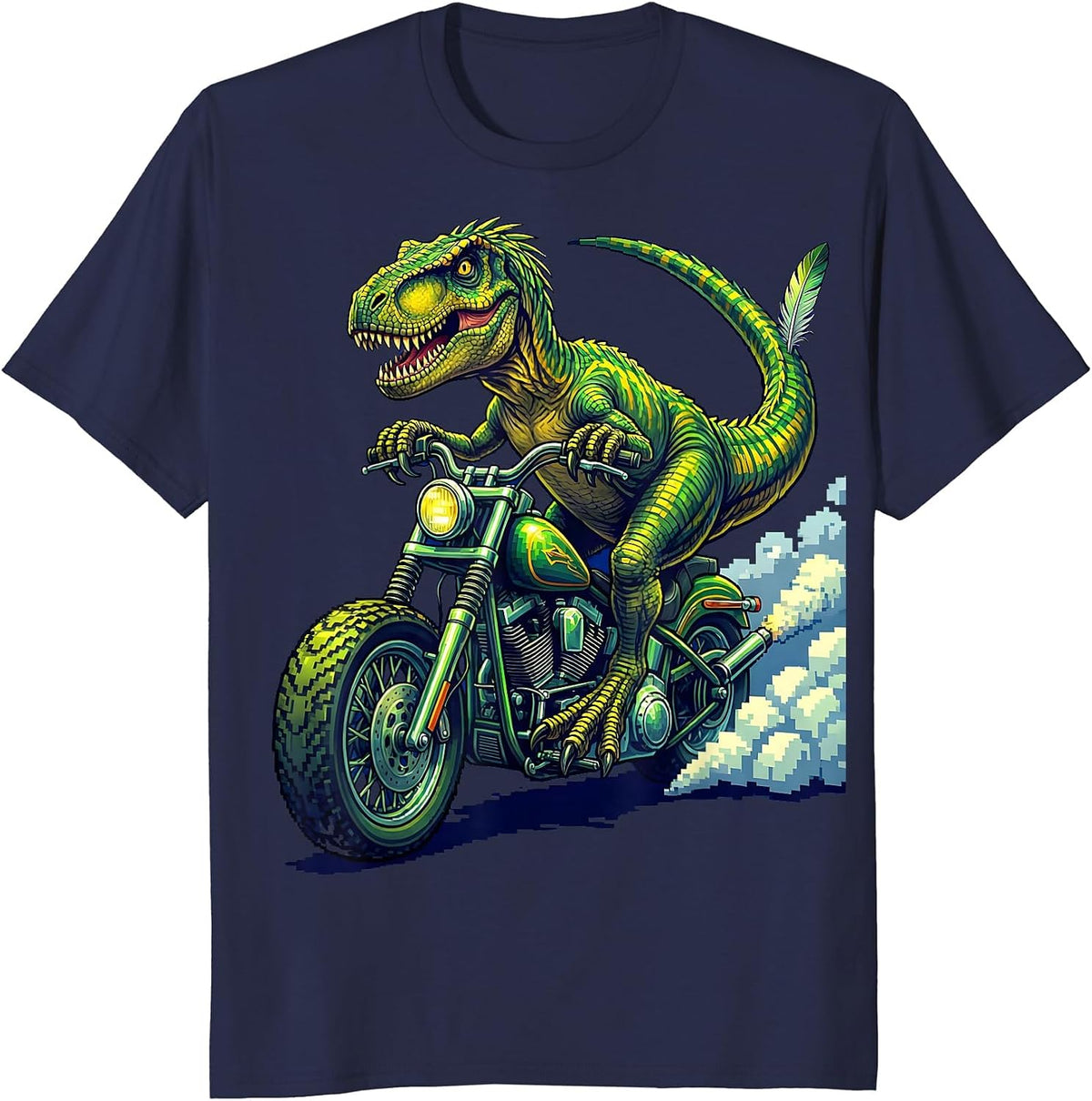 Velociraptor Motorcycle Rider Dinosaur Graphic T-Shirt - Navy Blue