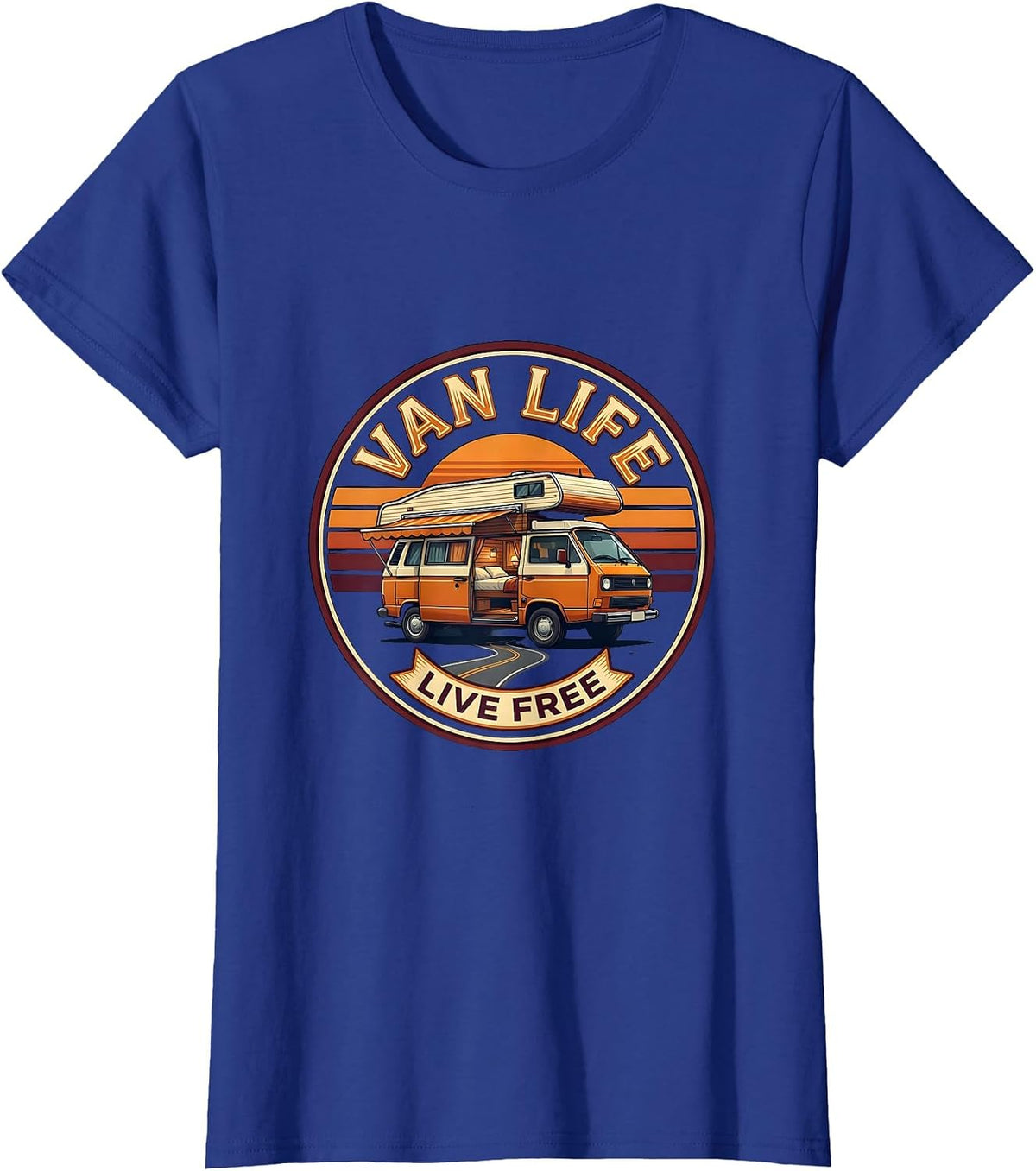 Women's Van Life Live Free Retro Van Dwellers Nomads Casual Wear T-Shirt - Royal Blue