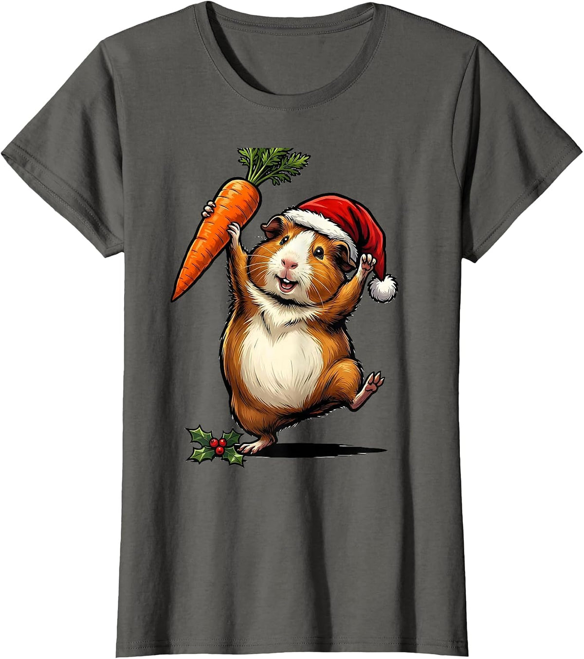 Women's Guinea Pig Santa Hat Funny Christmas Pet Lover T-Shirt - Asphalt Grey