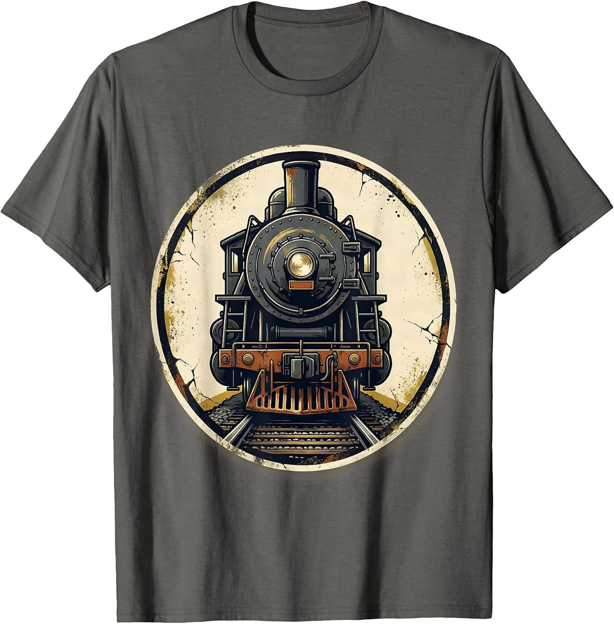 Men's Steam Locomotive Badge Distressed Train Enthusiast Gift T-Shirt - Asphalt Grey