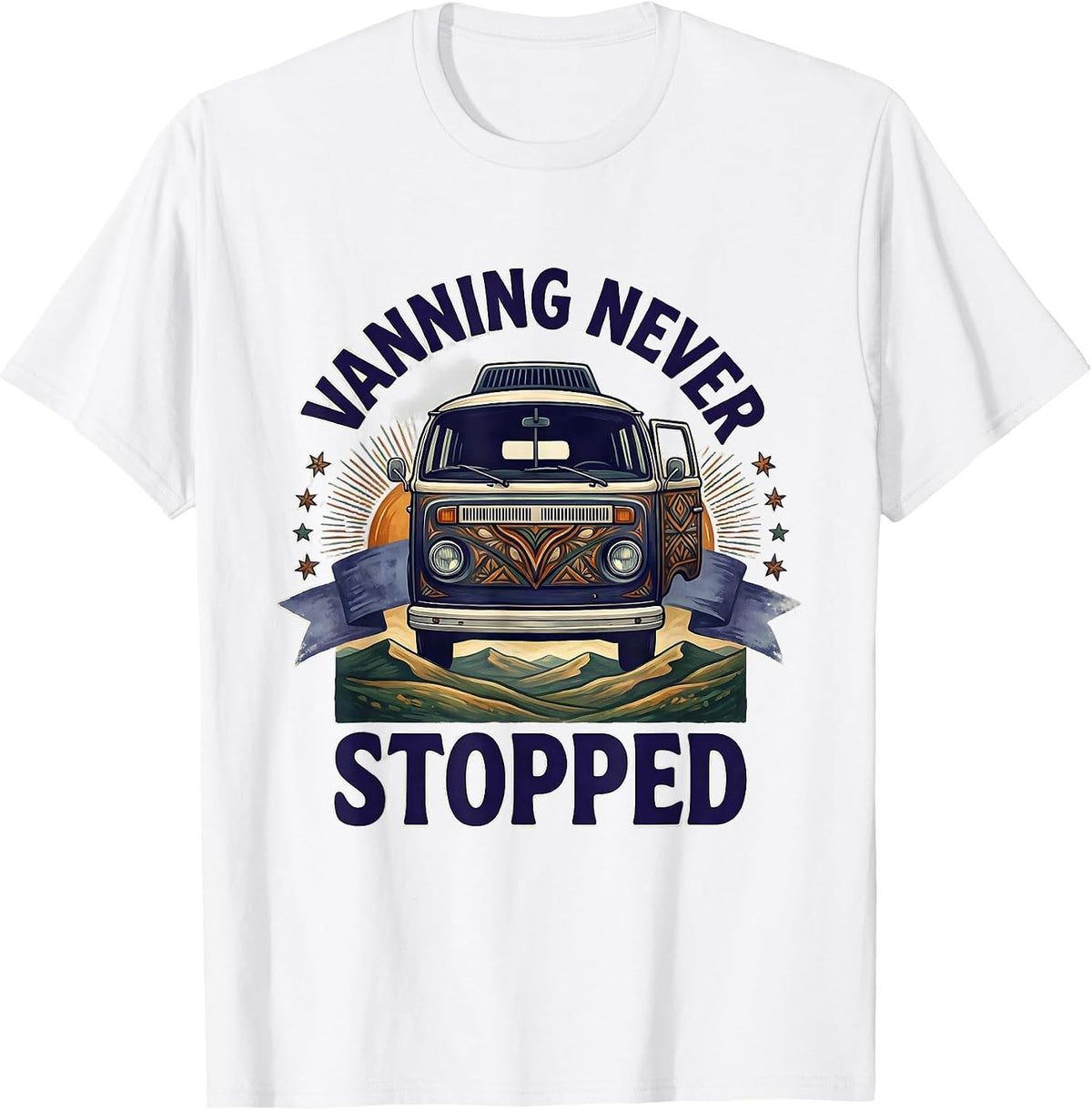 Men's Vanning Never Stopped Folk Art Van Life Retro Road Trip T-Shirt - White