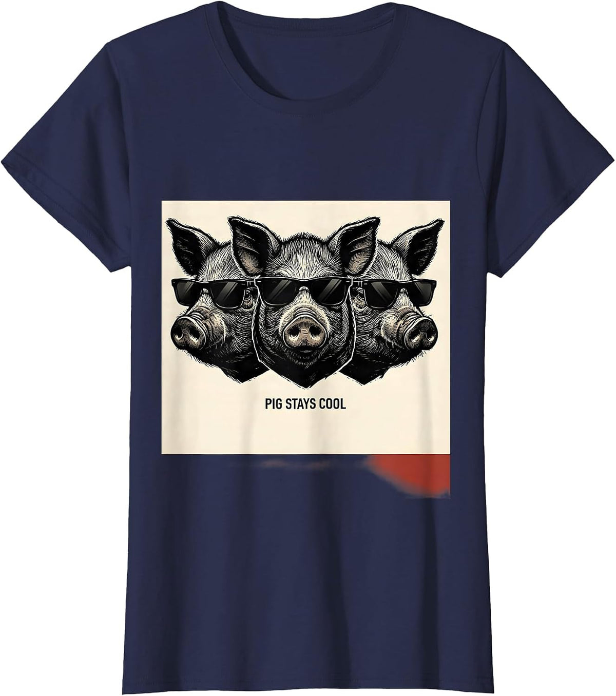 Women's Pig Stays Cool Linocut Funny Pig Lover Animal Humor T-Shirt - Navy Blue