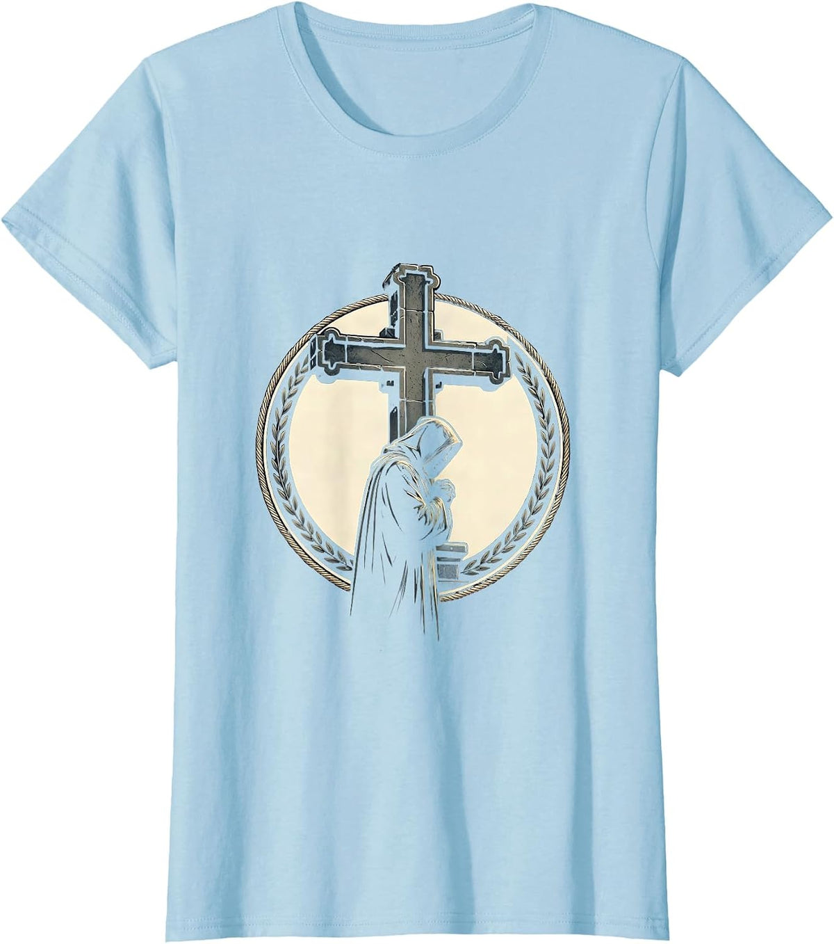 Hooded Figure Stone Cross Faith Graphic T-Shirt - Baby Blue
