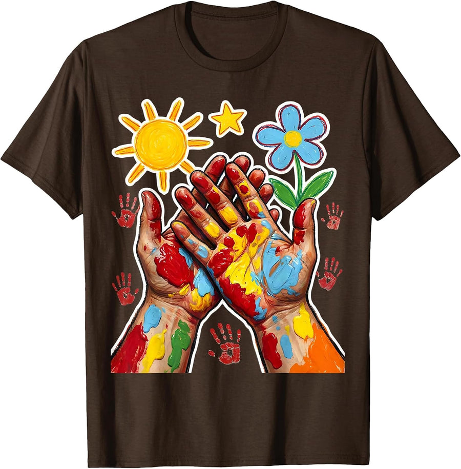 Men's Daycare Teacher Paint-Covered Hands Graphic T-Shirt - Brown