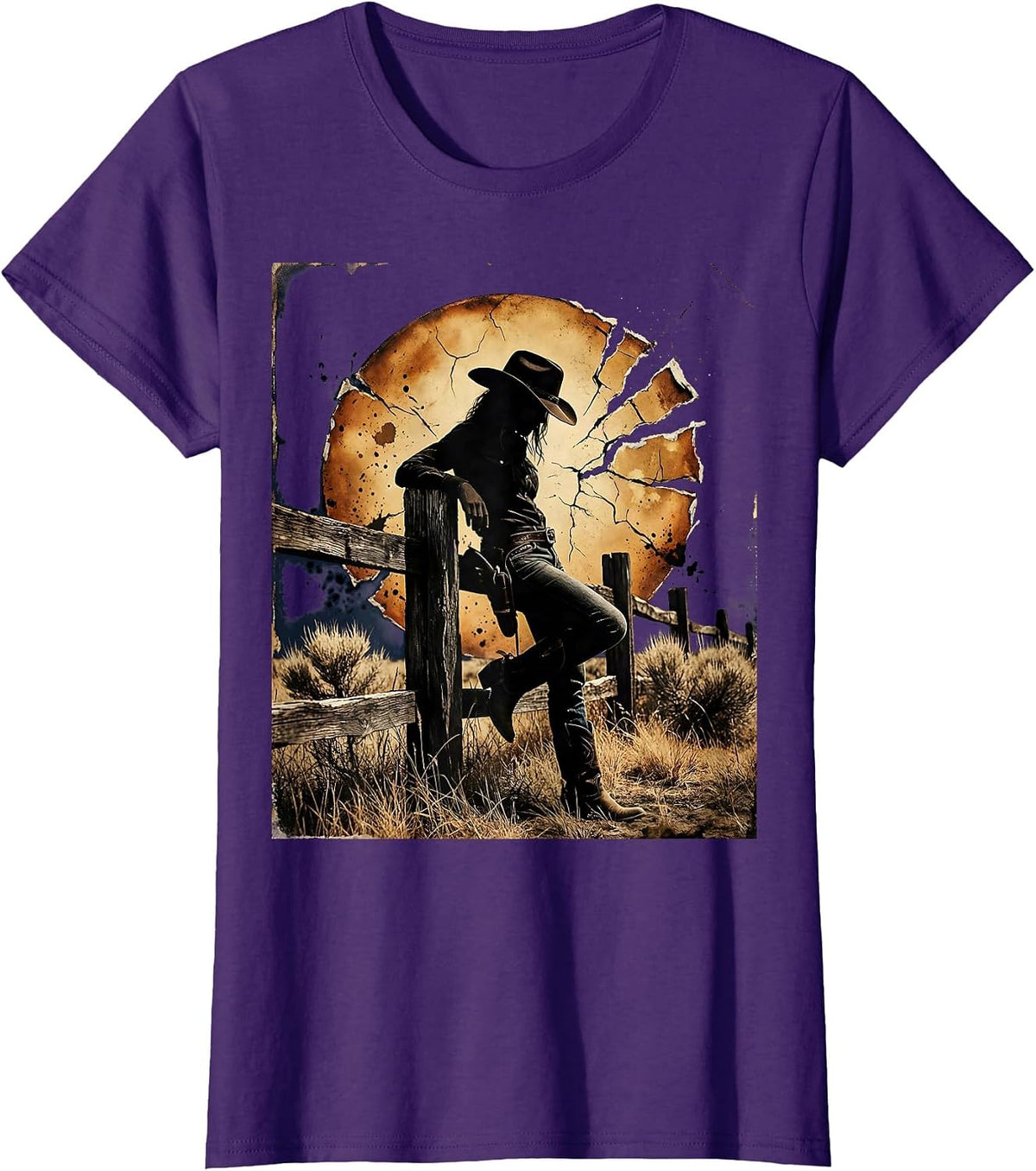 Women's Cowgirl Leaning on Fence Sunset Rodeo Design T-Shirt - Purple