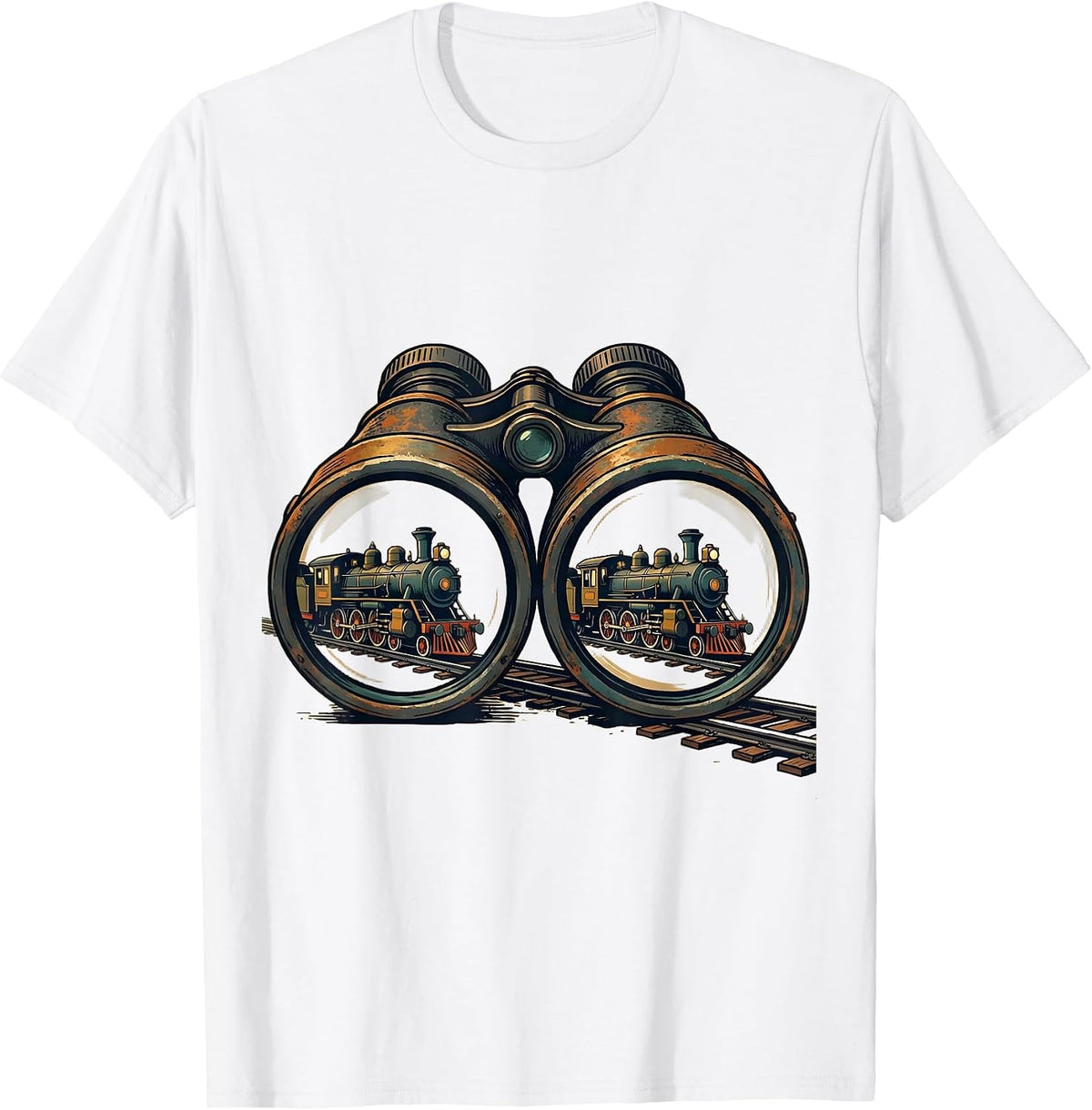 Men's Oversized Binoculars Steam Locomotive Train Enthusiast Humor T-Shirt - White