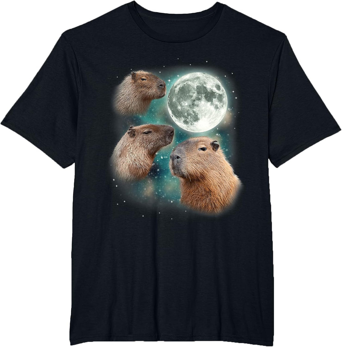 3 Capybara Moon Giant Rodents Weird Howling Parody T-Shirt - Black