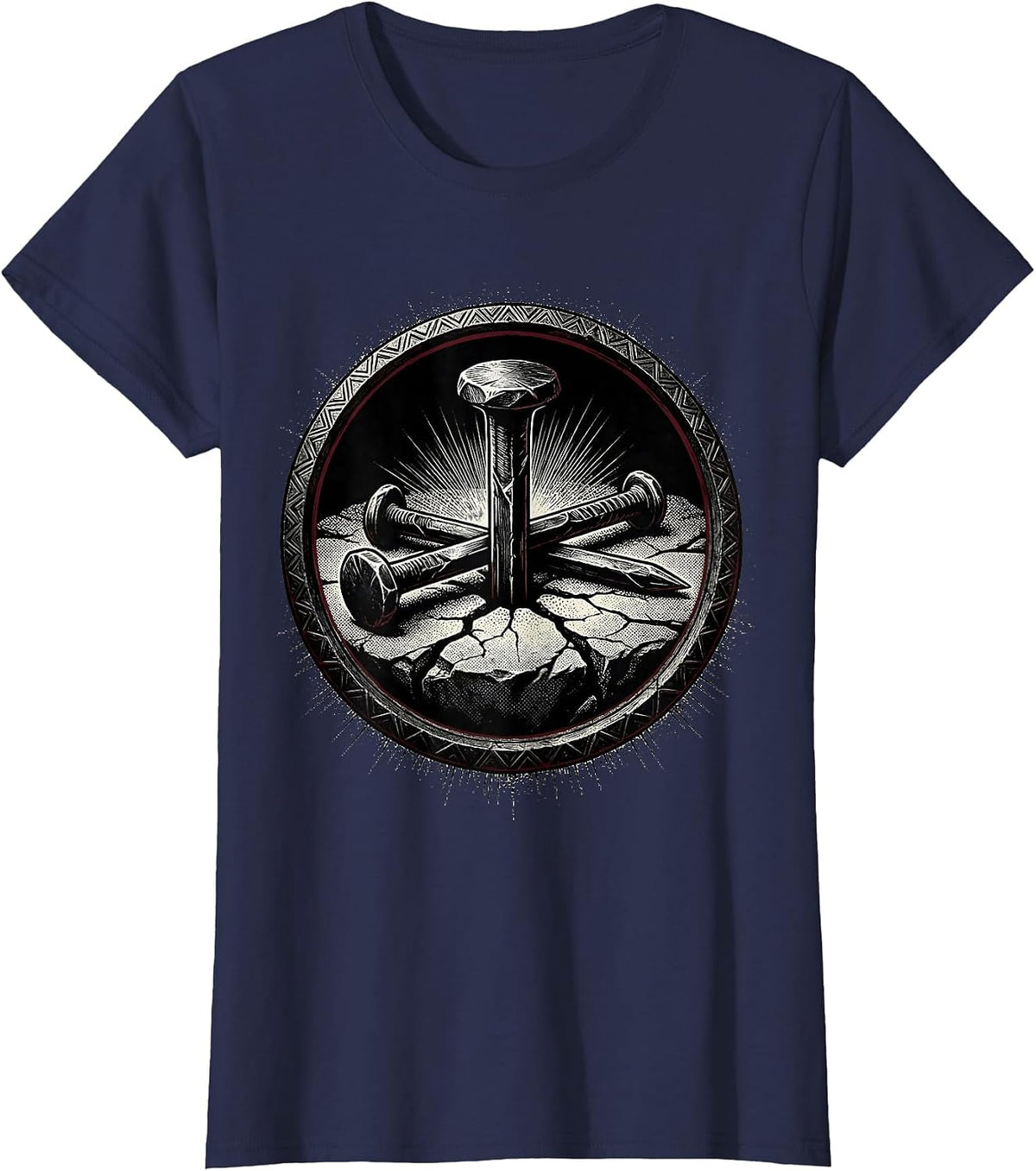 Women's Three Nails Cross Stone Ground Christian Art T-Shirt - Navy Blue