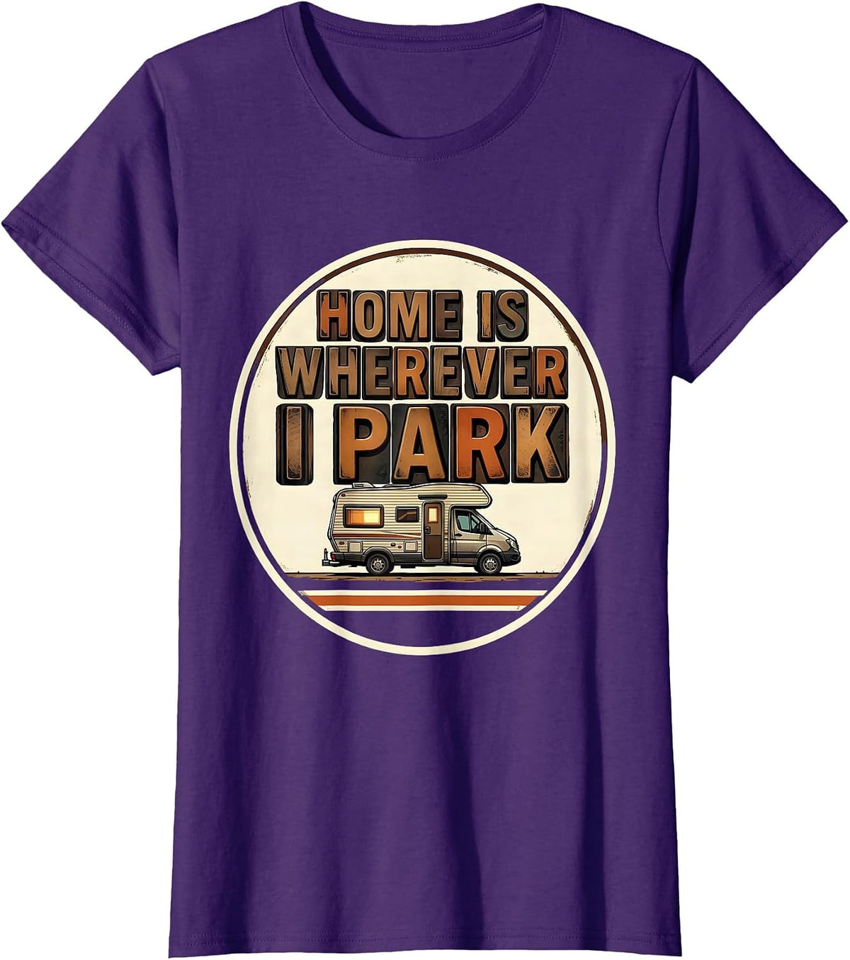 Women's Home Is Wherever I Park Retro Van Life Road Trip Badge T-Shirt - Purple